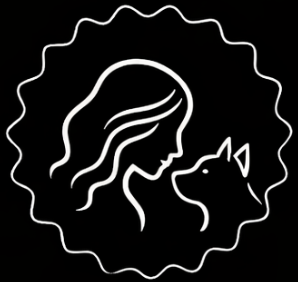 Line art of a woman with flowing hair and a dog, surrounded by a wavy border.