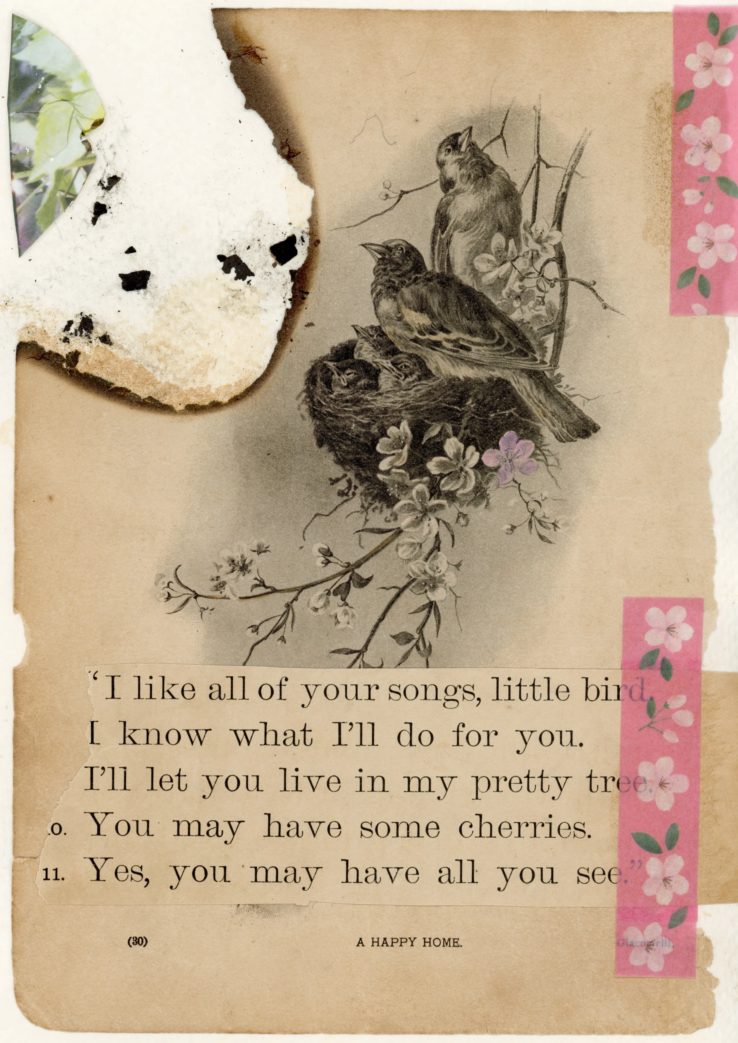 "A Happy Home" | Antique illustration and text, burnt - featuring a piece of Polaroid emulsion, acrylic accents, and tape, on watercolor paper 