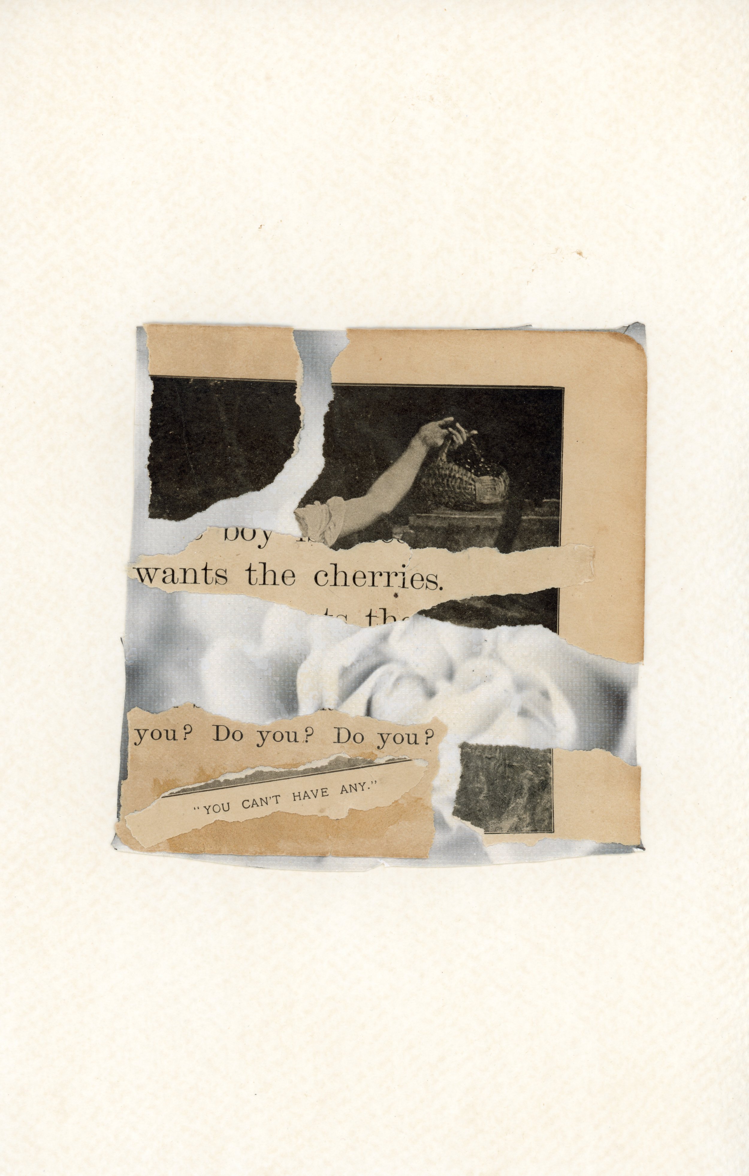 "wants the cherries." | Polaroid emulsion with antique illustration + text and acrylic accents, on tea-stained watercolor paper 