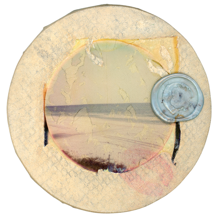 "Sealed with a kiss" | Polaroid emulsion on tea-stained canvas with hand-drawn and acrylic accents + authentic signature wax seal and kiss print