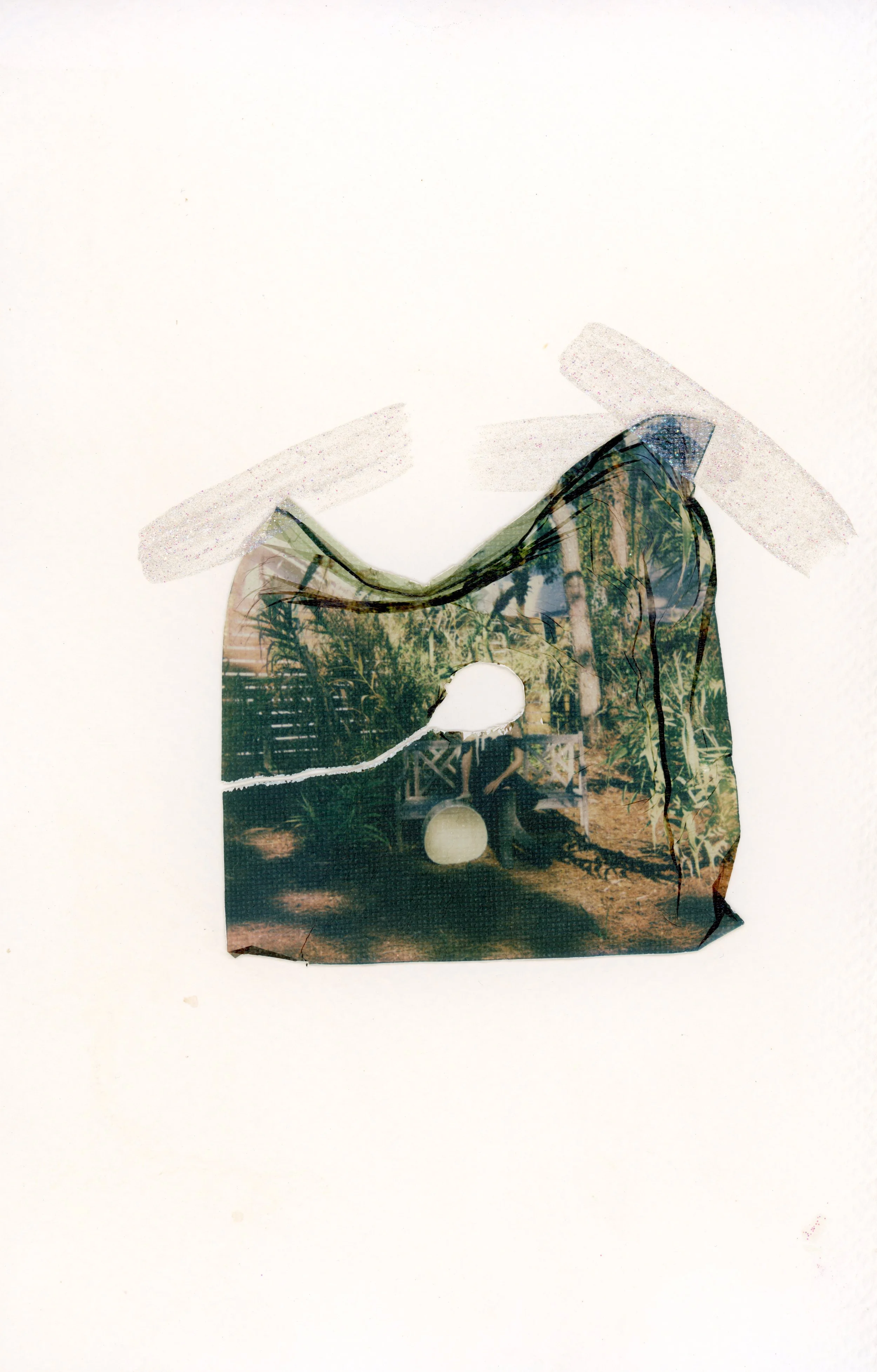 "The woman in the locket" | Polaroid emulsion on canvas, cut out, placed onto watercolor paper, with sheer glitter acrylic accents