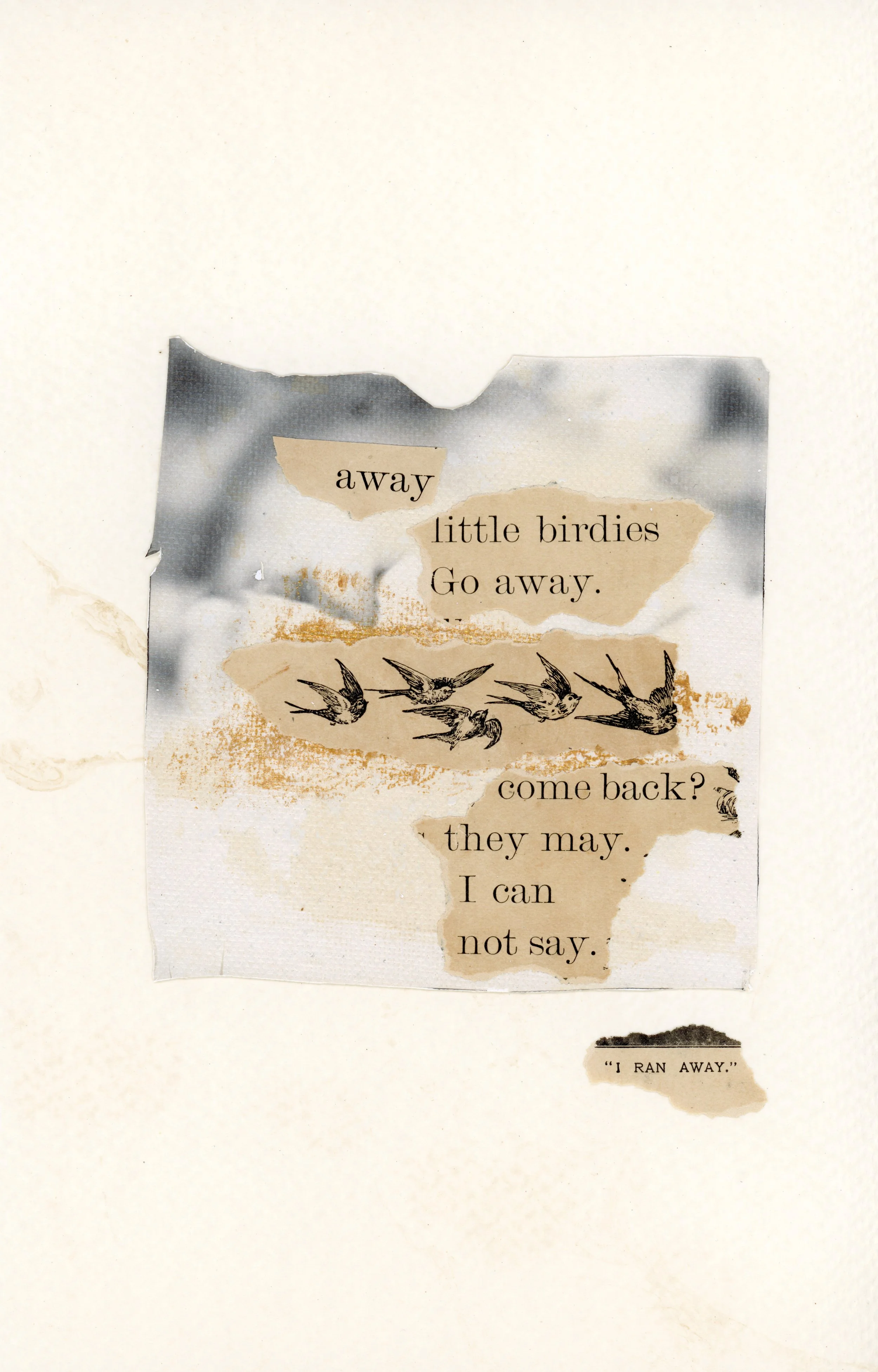 "I Ran Away." | Polaroid emulsion with antique illustration + text and acrylic accents, on tea-stained watercolor paper 