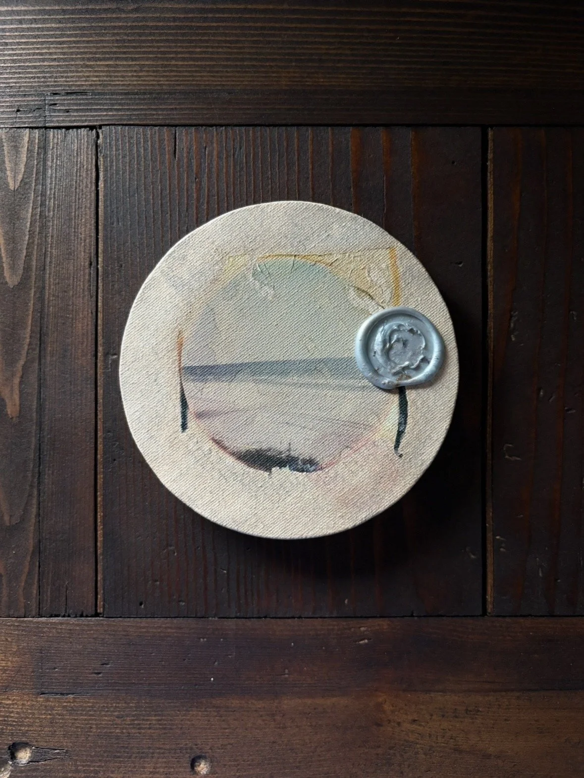 "Sealed with a kiss" | Polaroid emulsion on tea-stained and painted canvas with hand-drawn and acrylic accents + authentic signature wax seal and kiss print