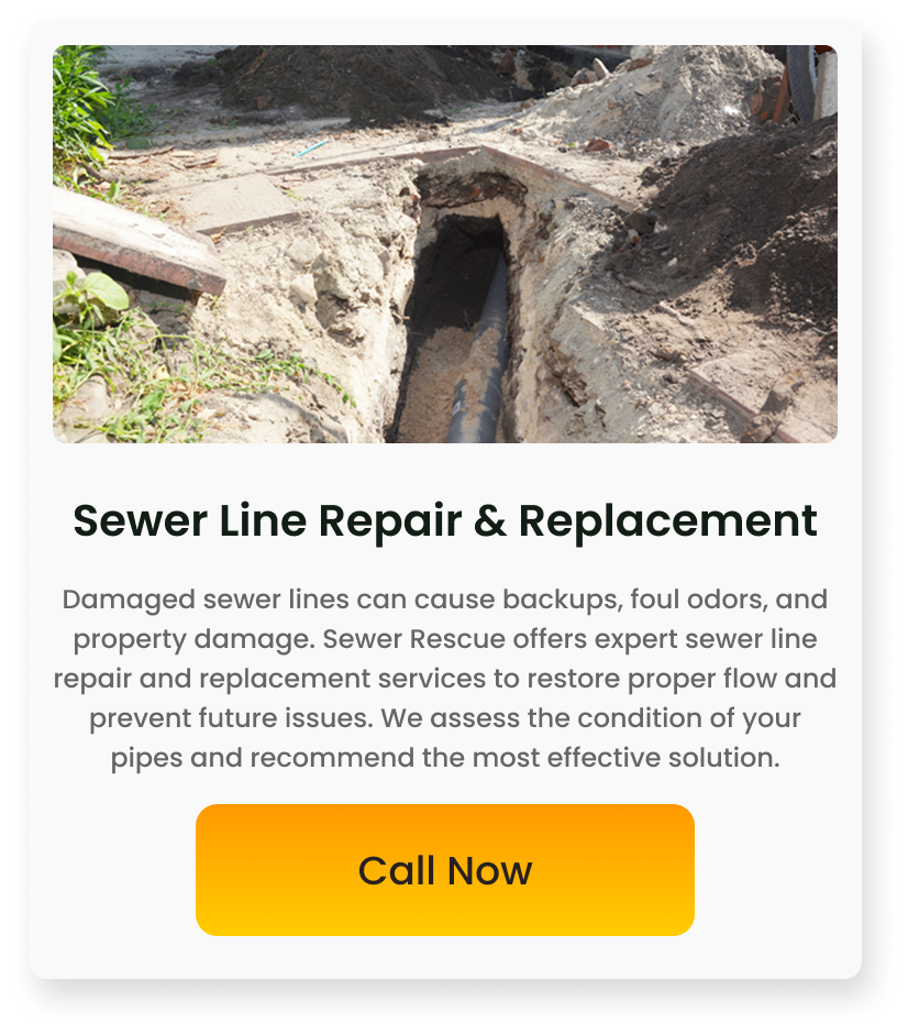 Construction site with excavated trench and exposed sewer pipe for sewer line repair.