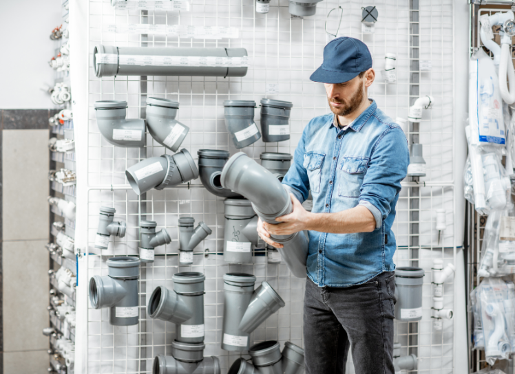 A man shopping for plumbing parts in a hardware store, examining gray PVC pipe fittings on a display wall.