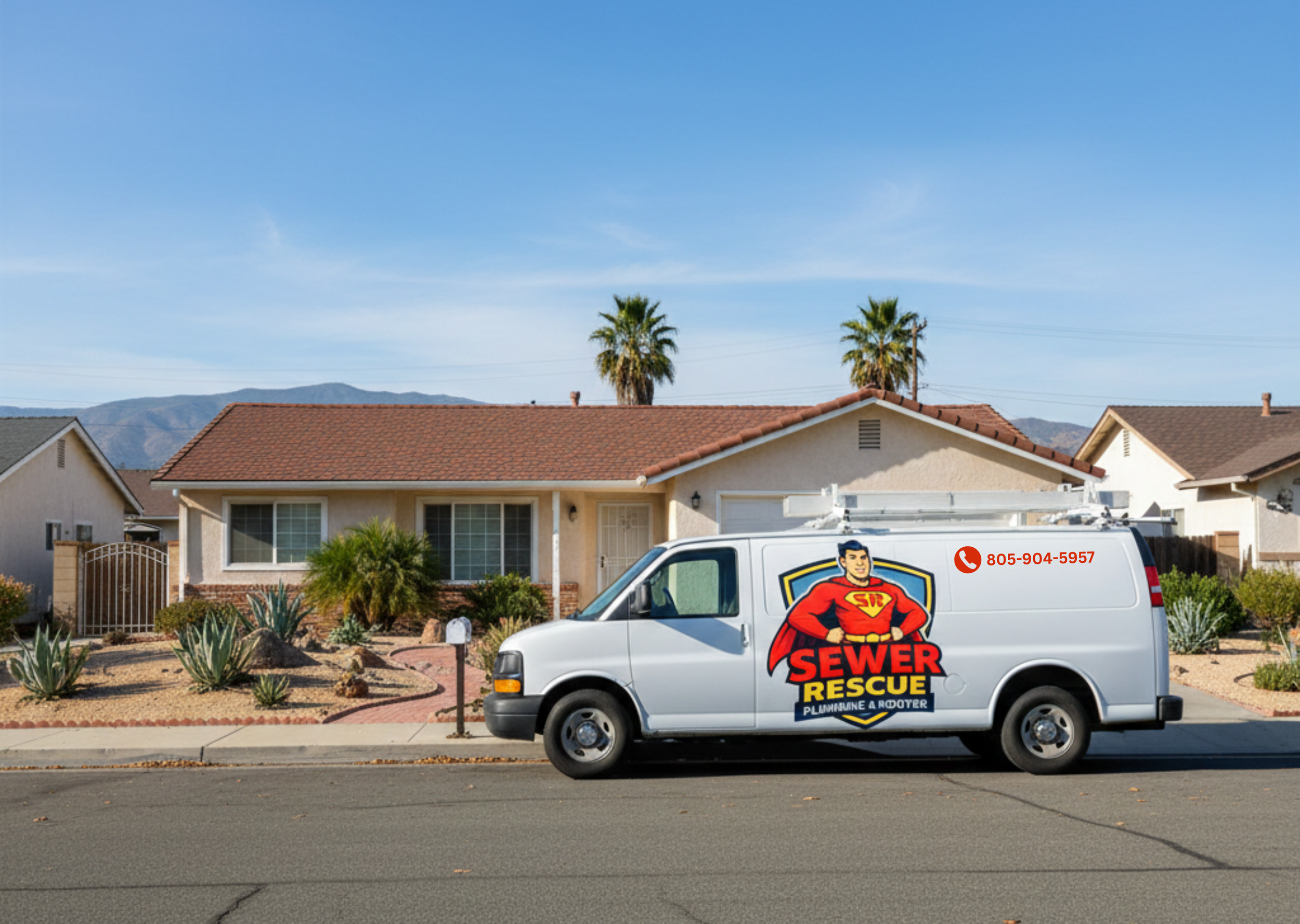 A white service van parked on a residential street in front of a single-story house with desert landscaping, palm trees, and mountains in the background. The van has a logo for 'Sewer Rescue' featuring a superhero figure and the phone number 805-904-5957.