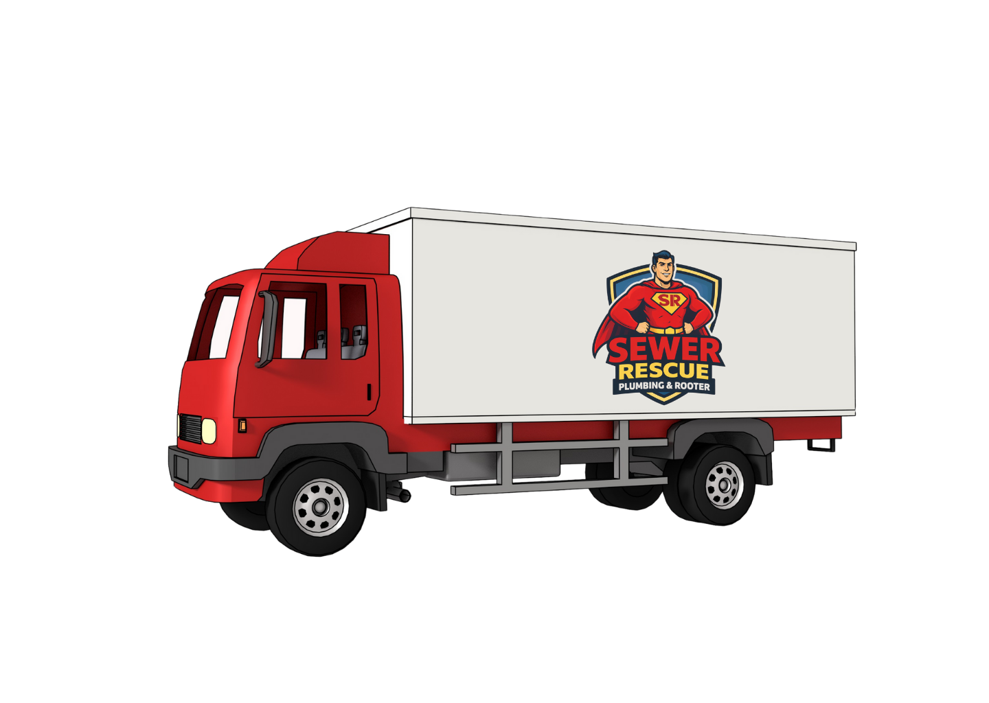 Illustration of a red and white sewer rescue truck with a logo featuring a superhero figure, the text 'Sewer Rescue Plumbing & Rooter'.