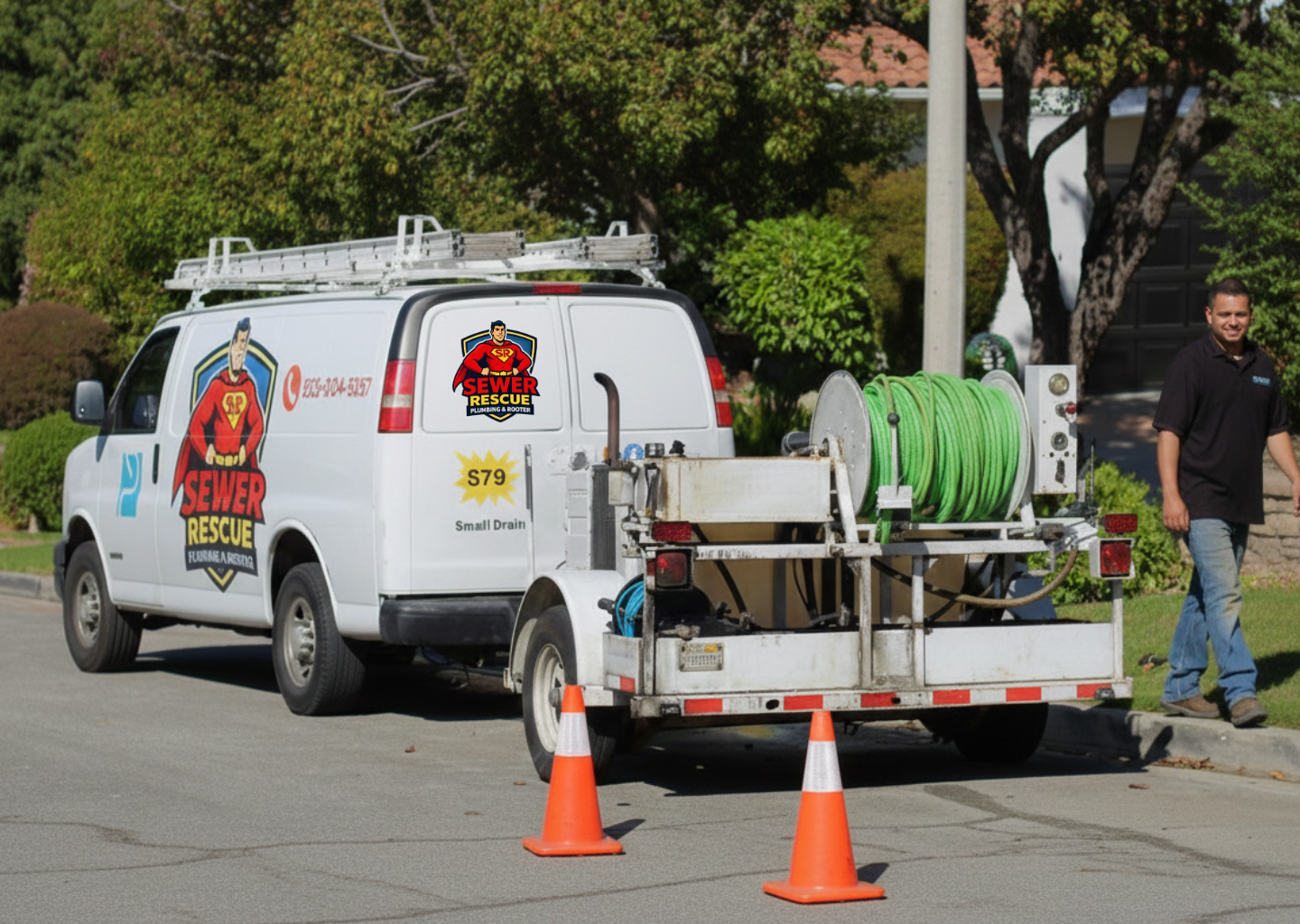 A white sewer rescue truck with green hoses on a trailer parked on a residential street, with a technician walking nearby, and orange traffic cones in front of the trailer.