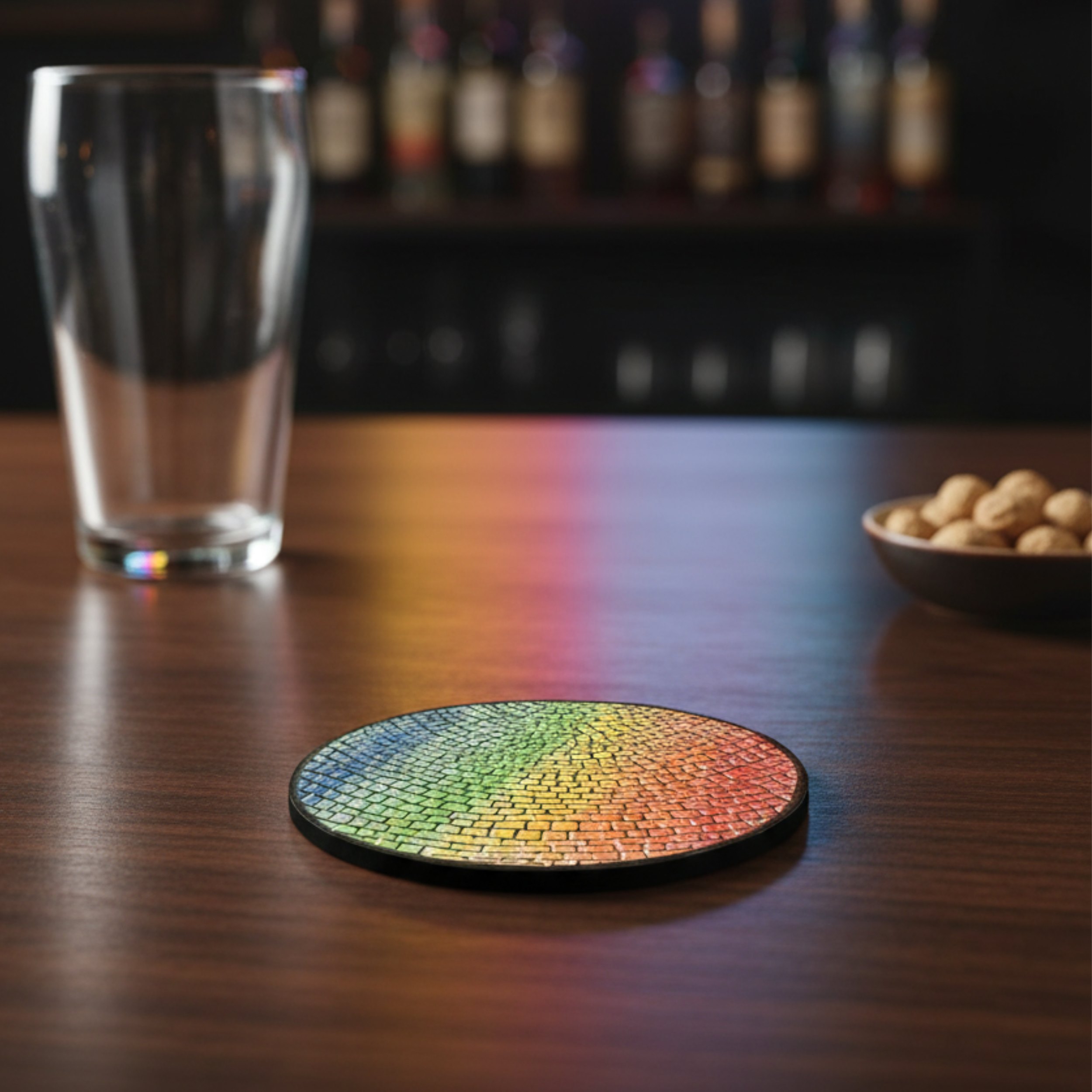 A colored holographic disc on a wooden table, with a drinking glass and a bowl of peanuts in the background.