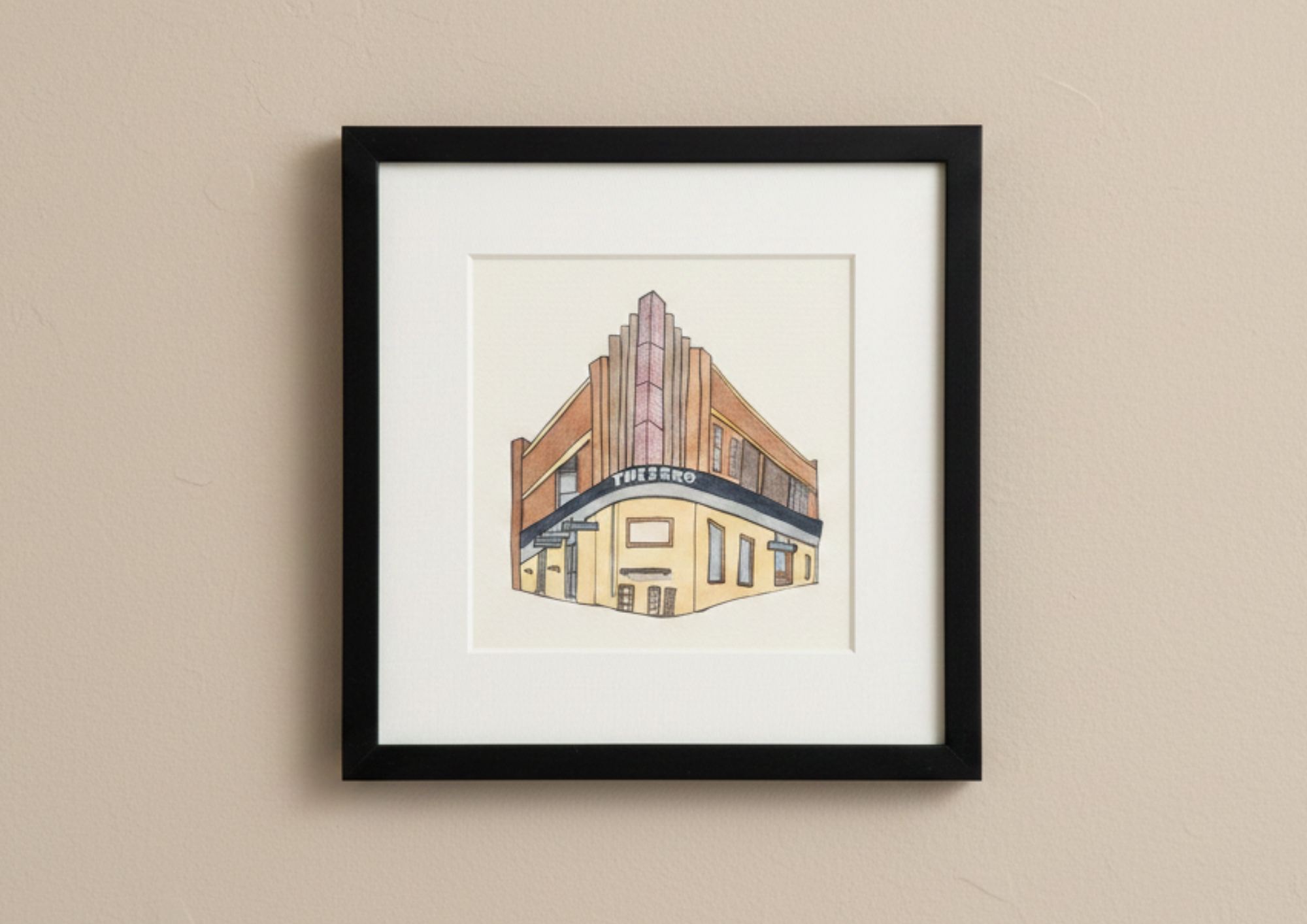 A hand-drawn illustration of a historic hotel building labeled 'Bank Hotel' with flags, including a rainbow flag, hanging outside. The hotel has a sign for live music, garden bar & dining, and a public bar, with decorative architectural details on the facade.