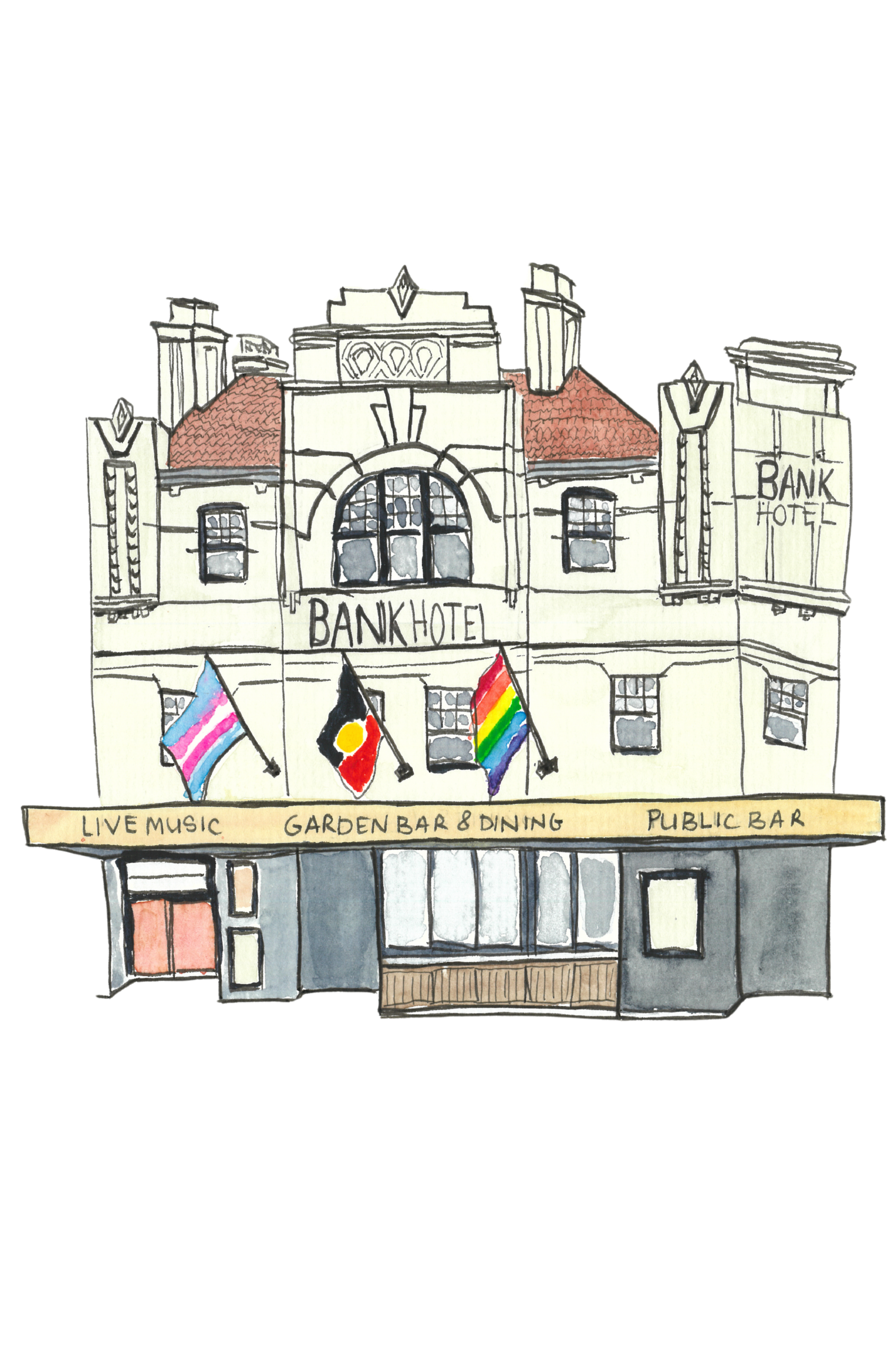 A hand-drawn illustration of a historic hotel building labeled 'Bank Hotel' with flags, including a rainbow flag, hanging outside. The hotel has a sign for live music, garden bar & dining, and a public bar, with decorative architectural details on the facade.