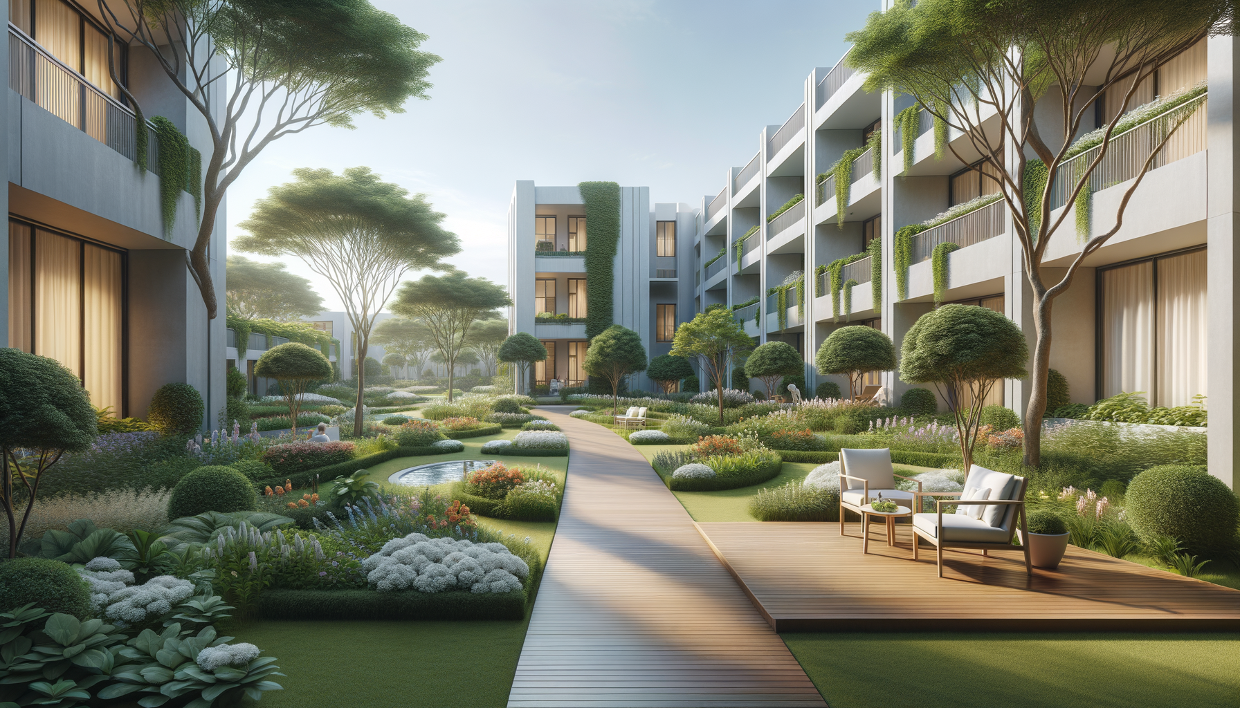 A modern hospital complex with lush landscaped gardens, a winding pathway, and patio seating area with chairs and tables, surrounded by trees and various plants.