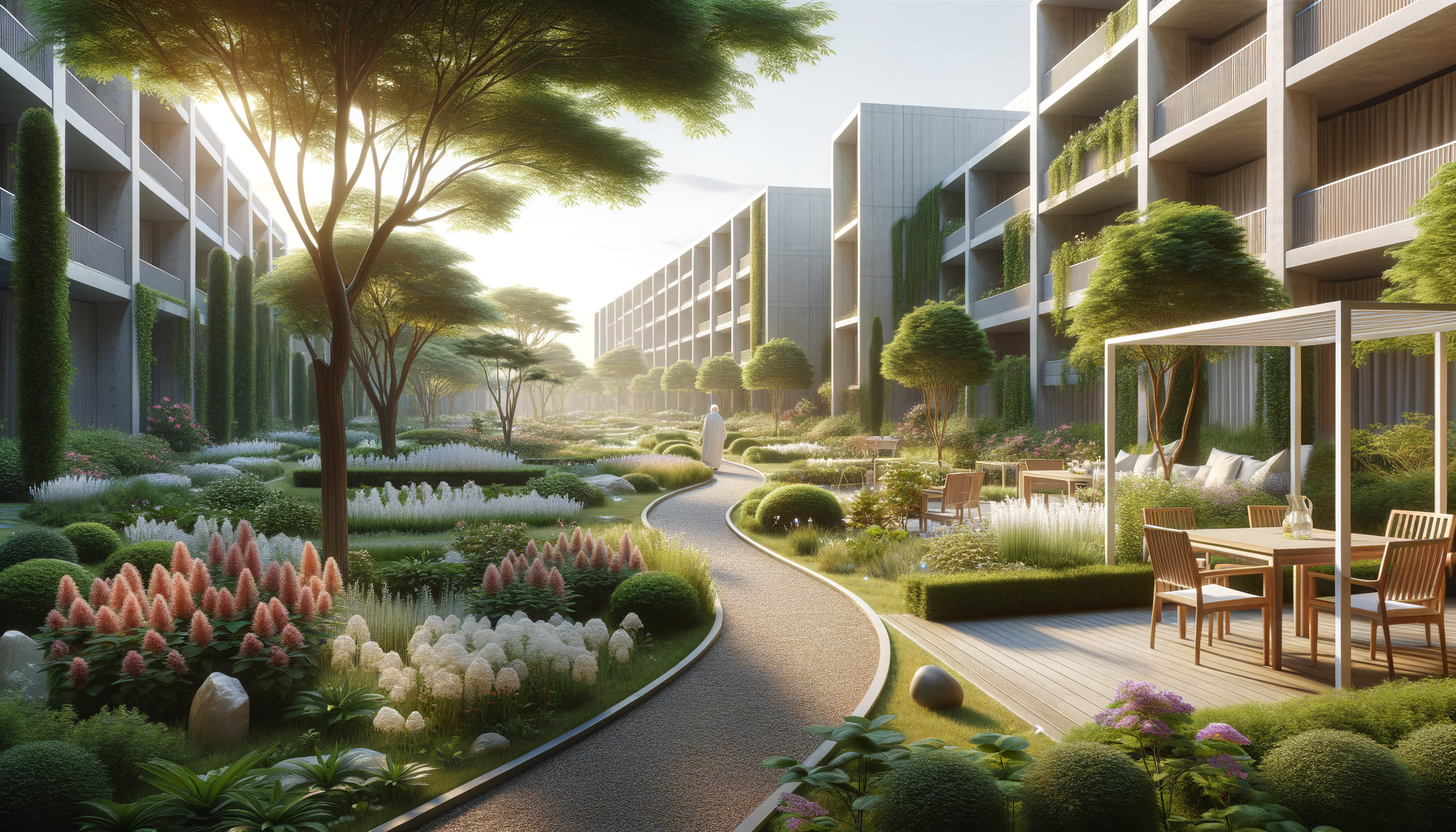 A modern hospital complex with landscaped garden, trees, bushes, and flowers, featuring outdoor seating areas and a person walking on a curved pathway.