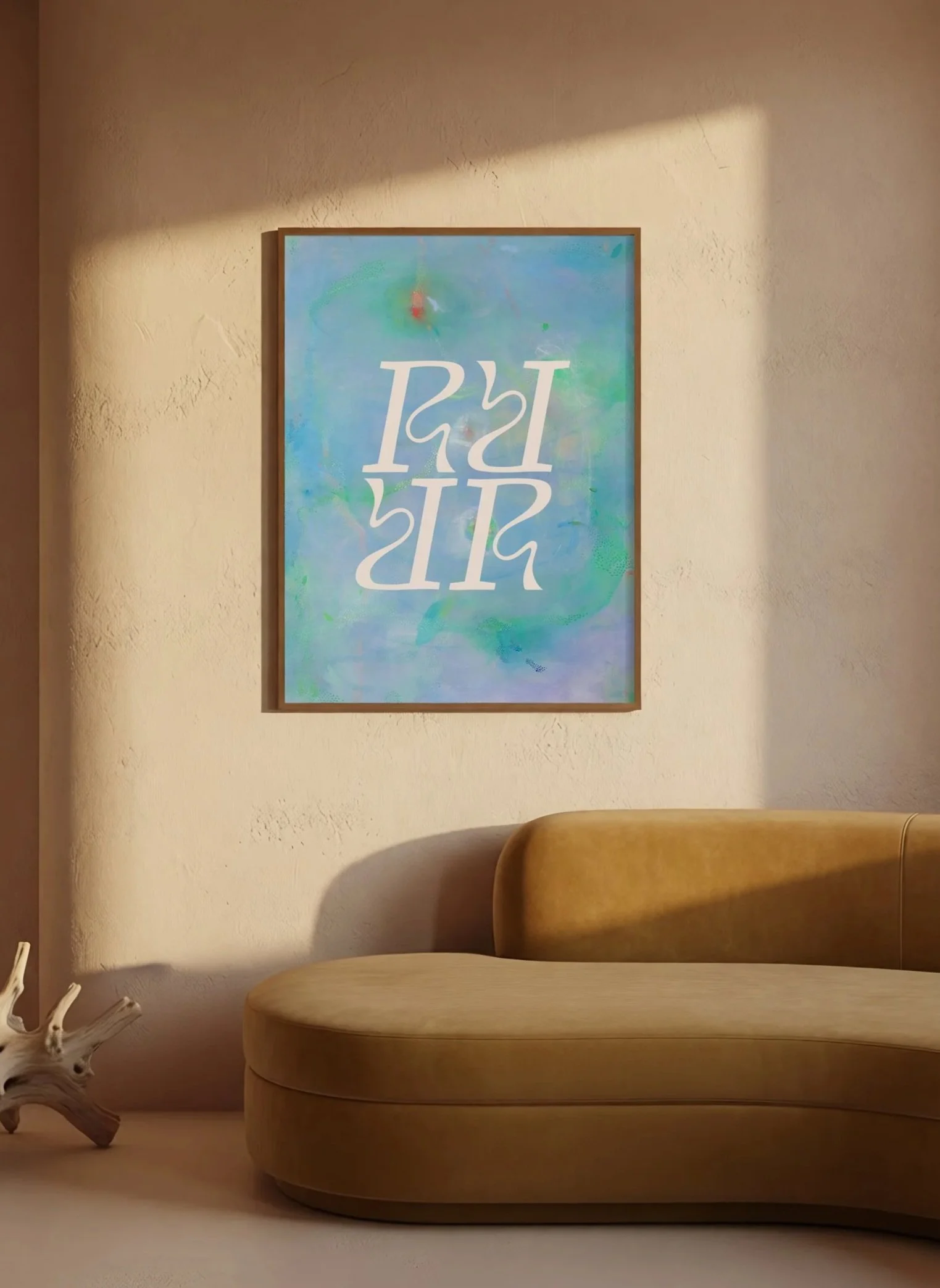 Rachael Benjamin Therapy monogram displayed as framed artwork in therapy office.