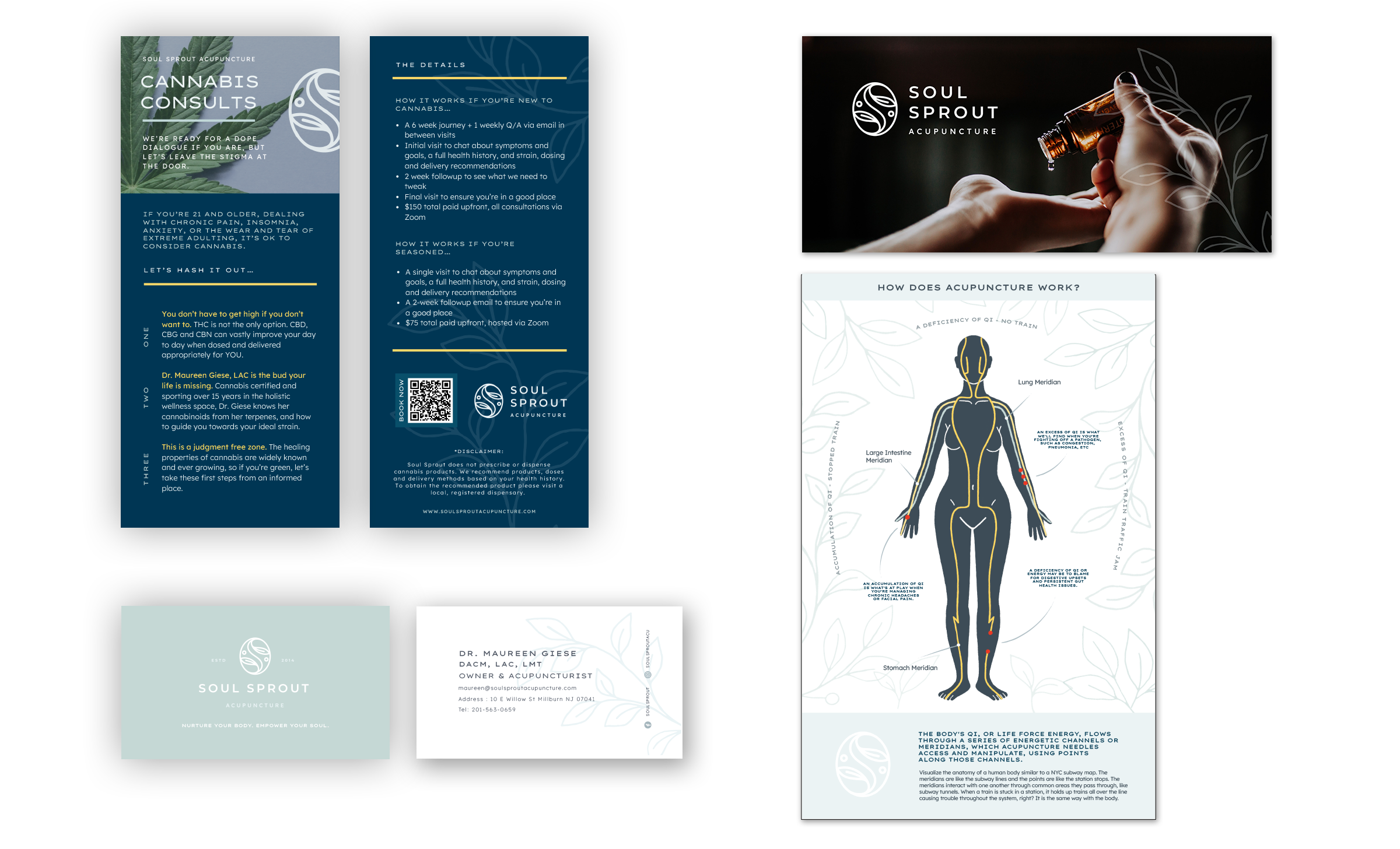 Soul Sprout branded collateral including palm card, business cards, social banner, and How Does Acupuncture Work lead-magnet.