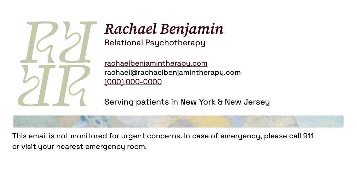 Branded email signature mockup for Rachael Benjamin Therapy.