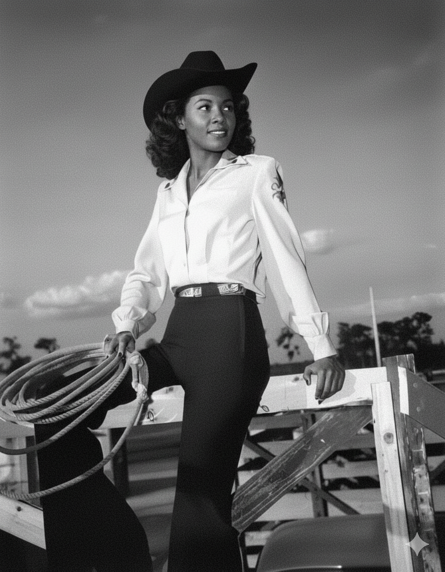 Retro image of a woman in a cowboy hat holding a lasso, sitting on a rodeo fence.