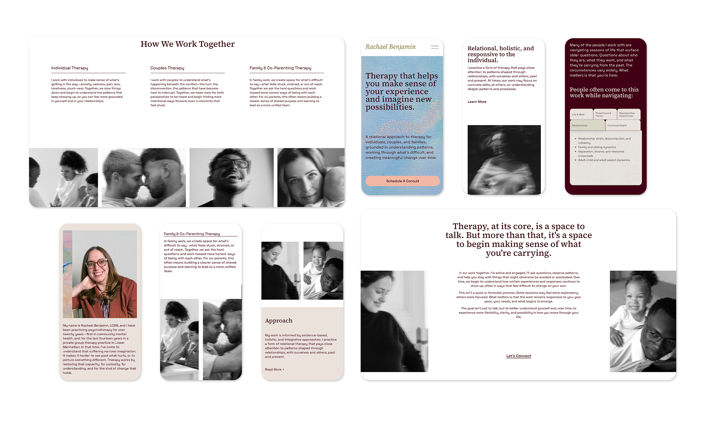 Mobile and desktop design frames from Rachael Benjamin's website, designed and developed by Wonder & Co. Creative.