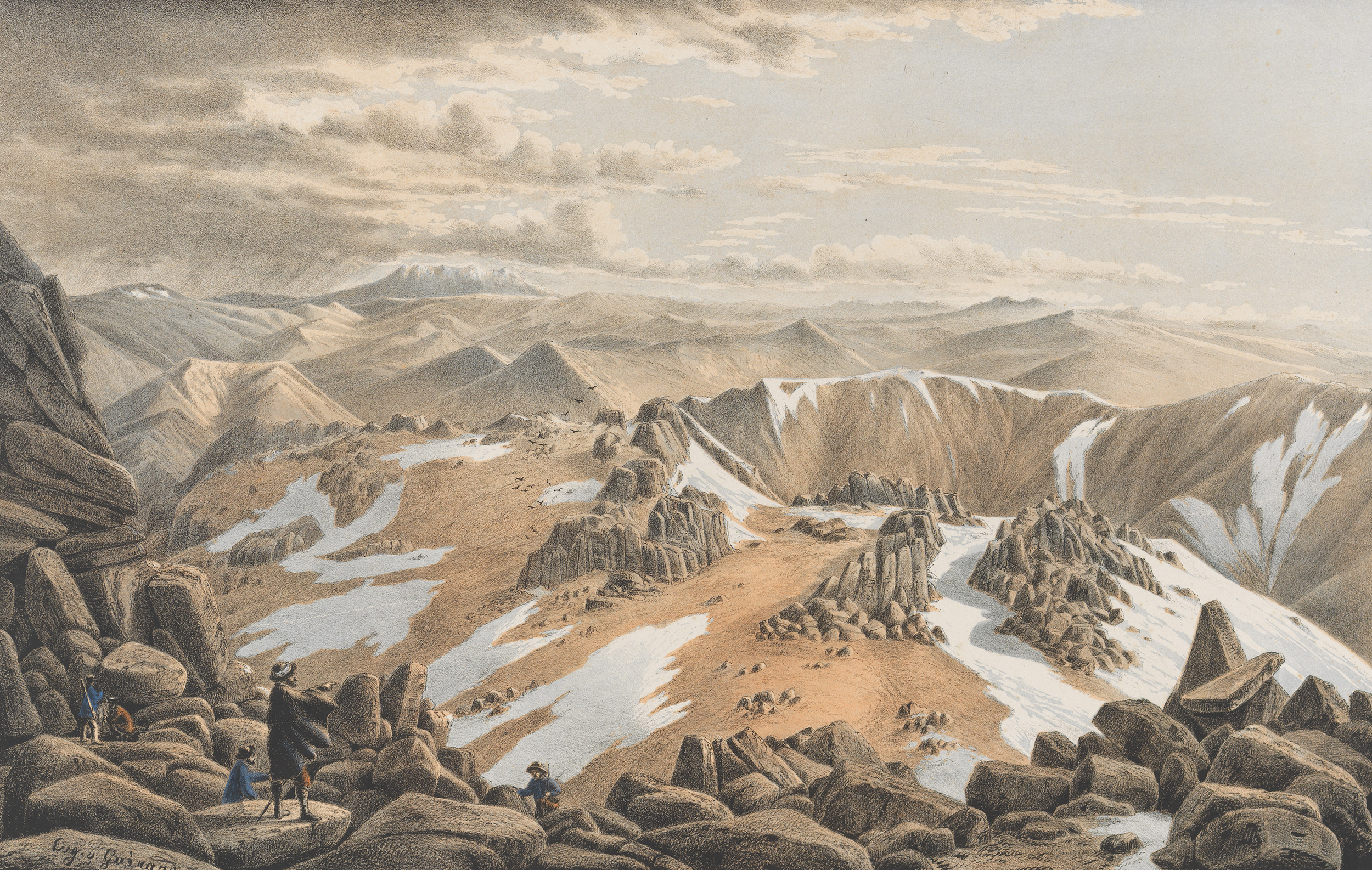 A painting of a mountainous landscape with snow patches, rocky terrain, and a cloudy sky, with people hiking or exploring the area.
