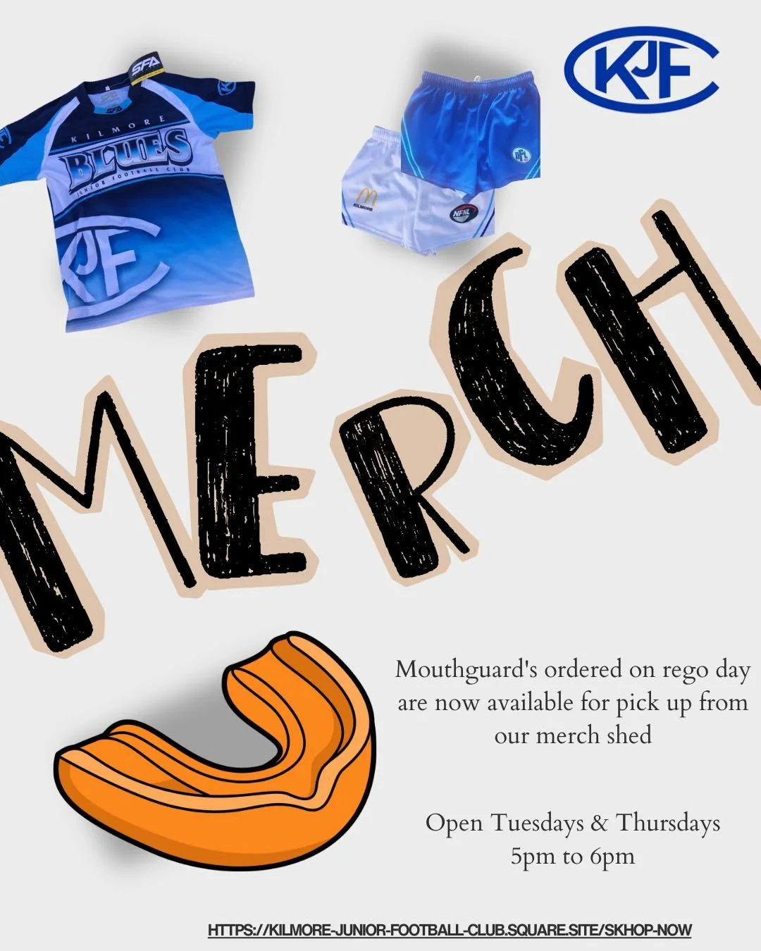 🎽 All mouthguard&rsquo;s that were ordered on registration day from the mouthguard man are available for collection from our merch shed tonight 🎽

Regular merch shed operating hours: 
Tuesday &amp; Thursday from 5pm to 6pm

Any issues, feel free to