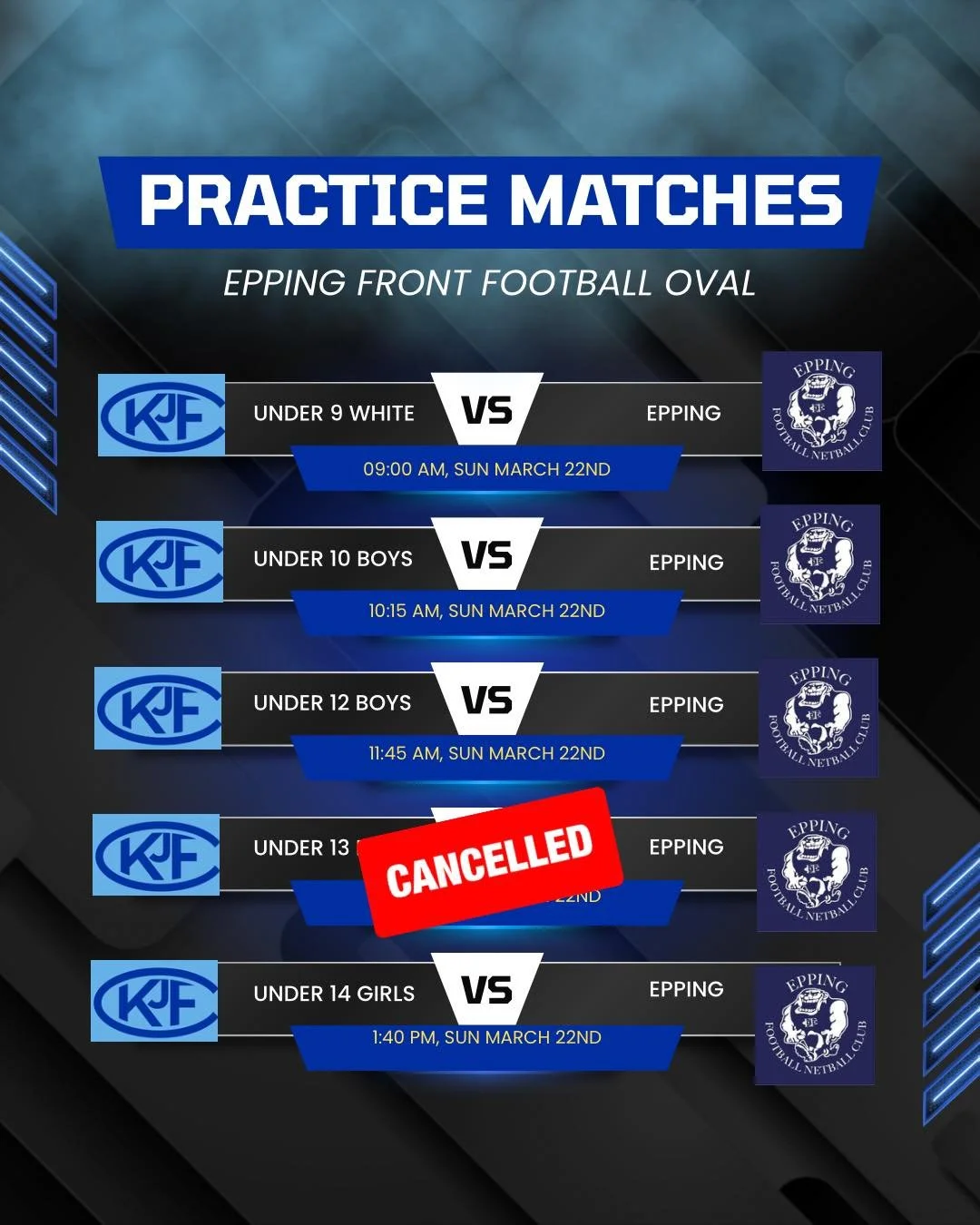 🏉 REMINDER of our Practice Matches starting this weekend 🏉
Sunday 22nd of March at Epping Recreational Reserve - Front oval and Back oval 

Our U17.5s are playing on Saturday the 21st of March at JJ Clancy Reserve, Kilmore. 

Unfortunately the game