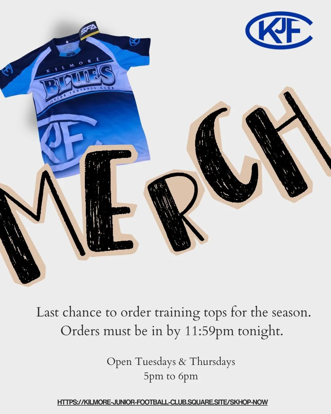 Last chance to order training tops for the season. Orders must be in by 11:59pm tonight. 

There will be no further order of training tops for the rest of the year!! 
https://kilmore-junior-football-club.square.site/s/shop