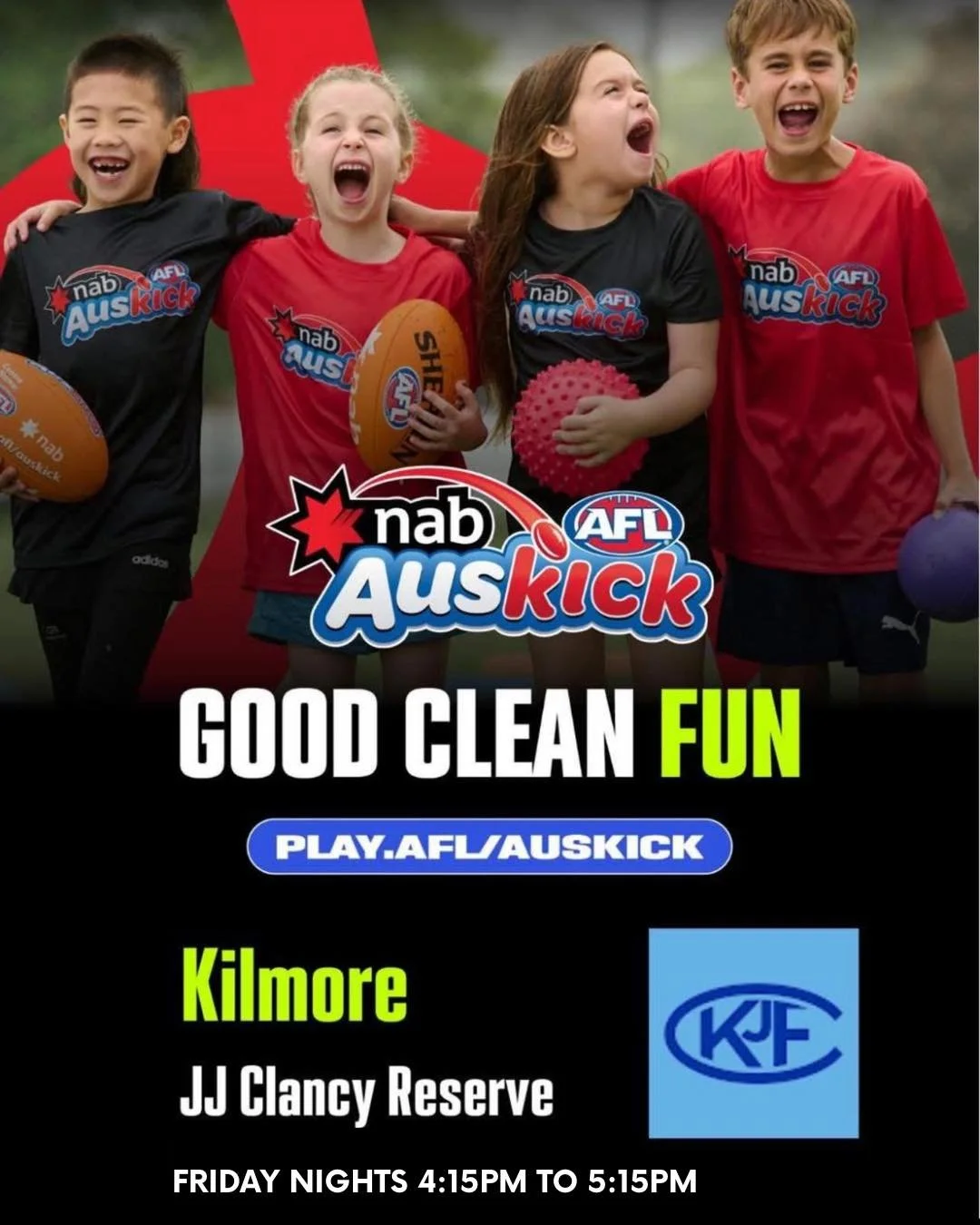 KJFC Auskick returns for 2026 ‼️
Fun, skills, and teamwork for kids of all ages. Sign up now and kickstart your footy journey!

🏉 Starting on the 1st of May 
🗓️ Friday nights - 4:15pm to 5:15pm
📍 JJ Clancy Reserve, Kilmore 

Use the link below to 
