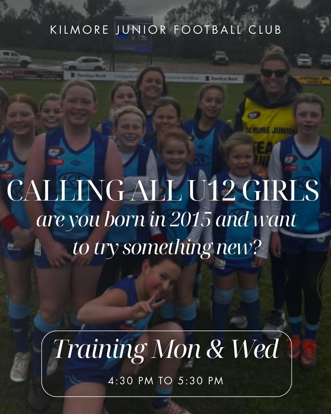 Are you a girl born in 2015 and want to try something new?
Come down to KJFC on a Monday and Wednesday night between 4:30pm and 5:30pm
Where: JJ Clancy Reserve, Kilmore 

🏉🏉

We are looking to field an additional U12 girls team, specifically with t