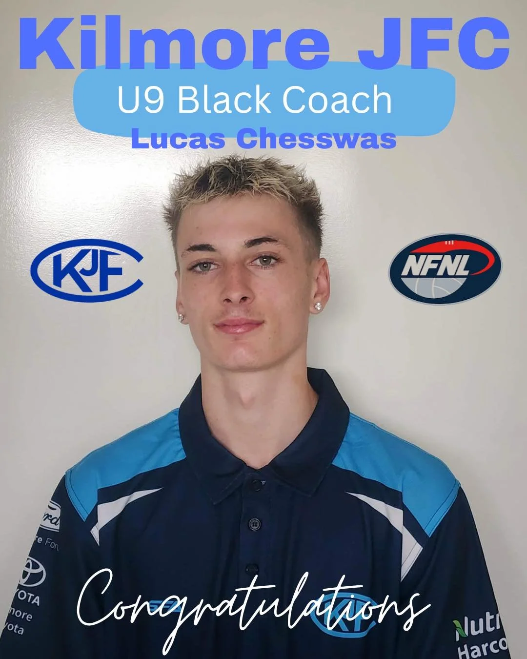 A young male soccer player in a blue and black jersey standing in front of a white wall with logos, with text overlay reading 'Kilmore JFC U9 Black Coach Lucas Chesswas' and 'Congratulations' at the bottom.