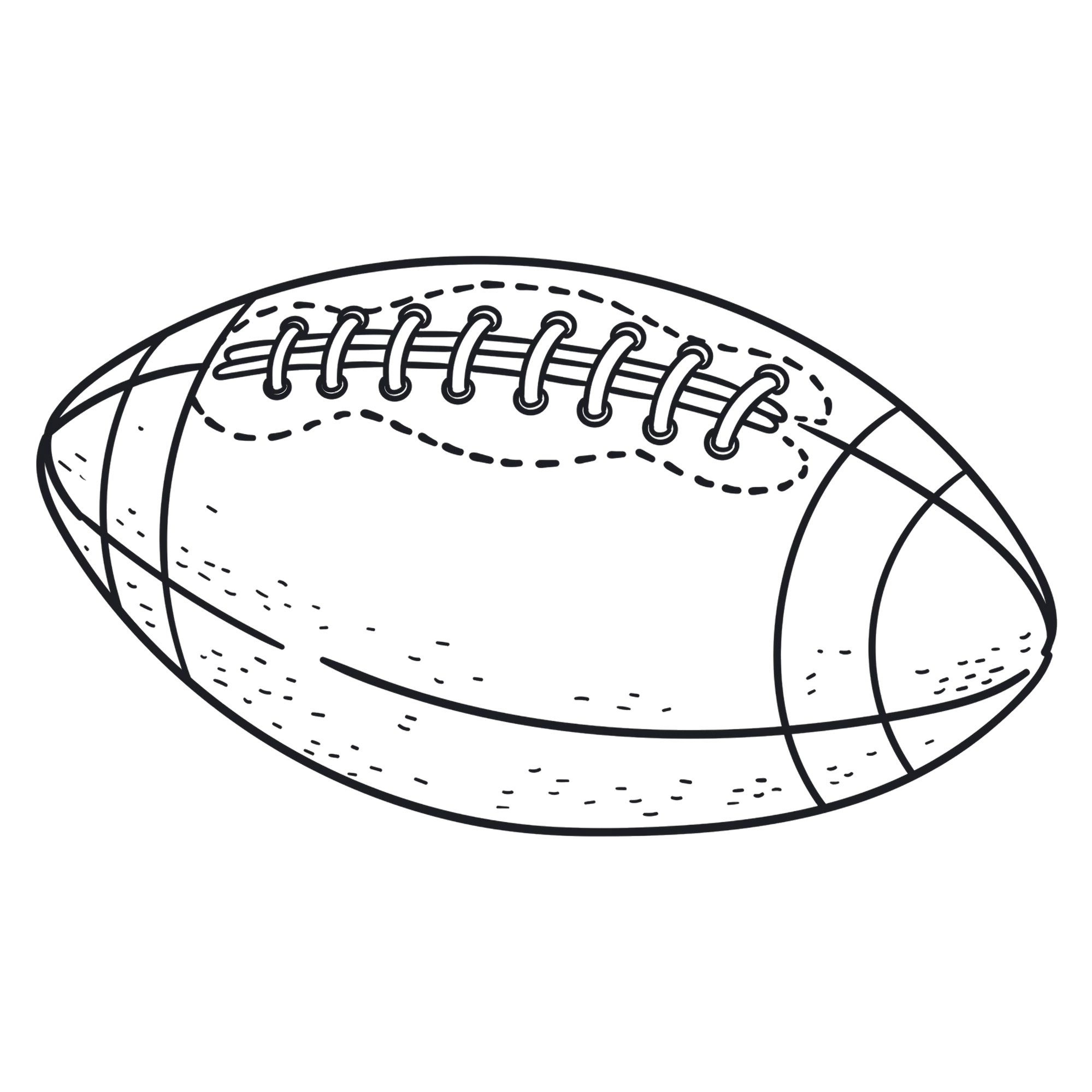 Line drawing of a football with stitches seen from a close-up angle.