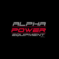 Logo of Alpha Power Equipment with black background, silver 'Alpha', white 'Power', and black 'Equipment' with red 'Power' on the bottom.