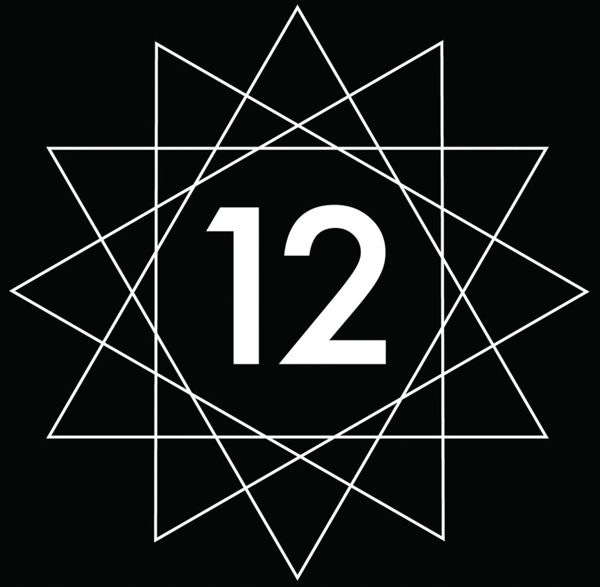 White number 12 in the center of a geometric star pattern on a black background.