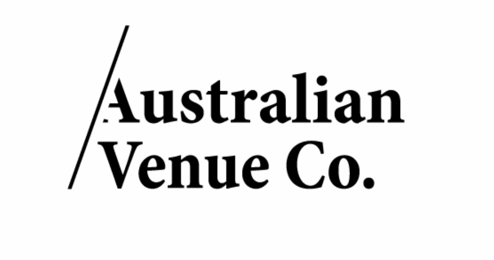 Logo of Australian Venue Company with black text on white background and a diagonal black line
