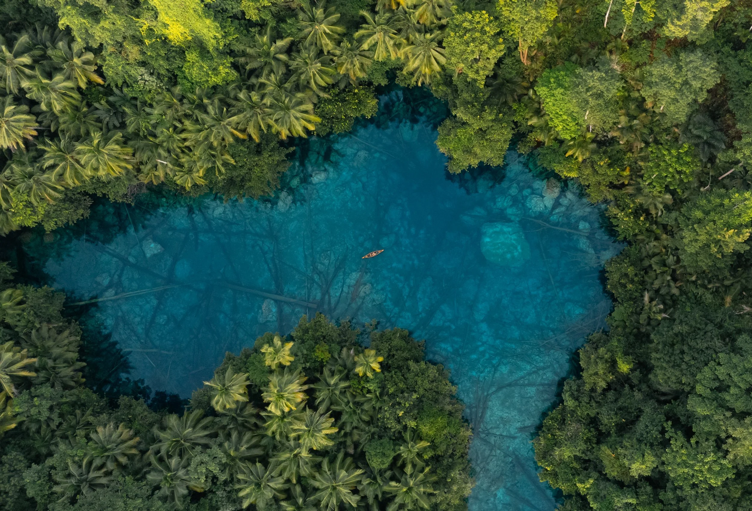 Aerial view of a dense tropical rainforest surrounding a small, clear blue lake with a single boat floating on it.