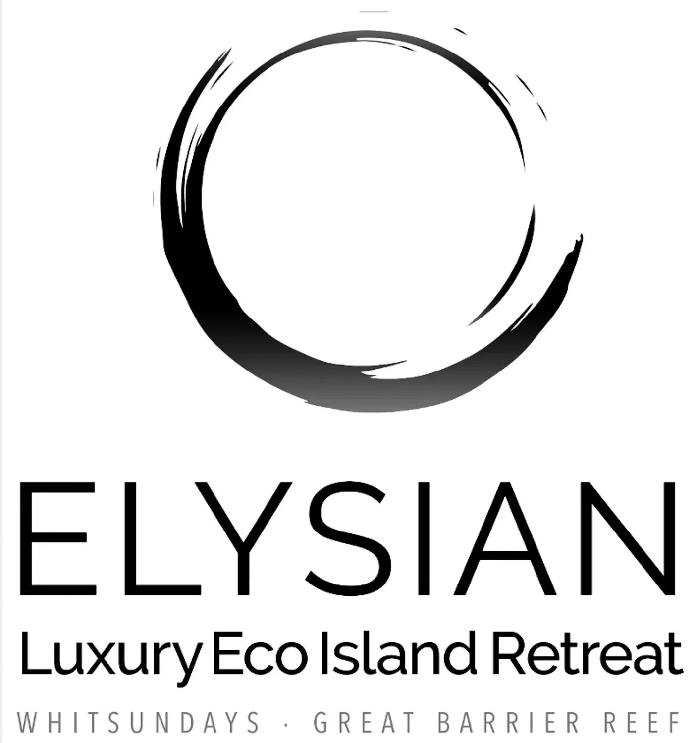 Logo for Elysian Luxury Eco Island Retreat, featuring a circular brushstroke design and text indicating it is a luxury eco island retreat located on Whitsundays with a great barrier reef.