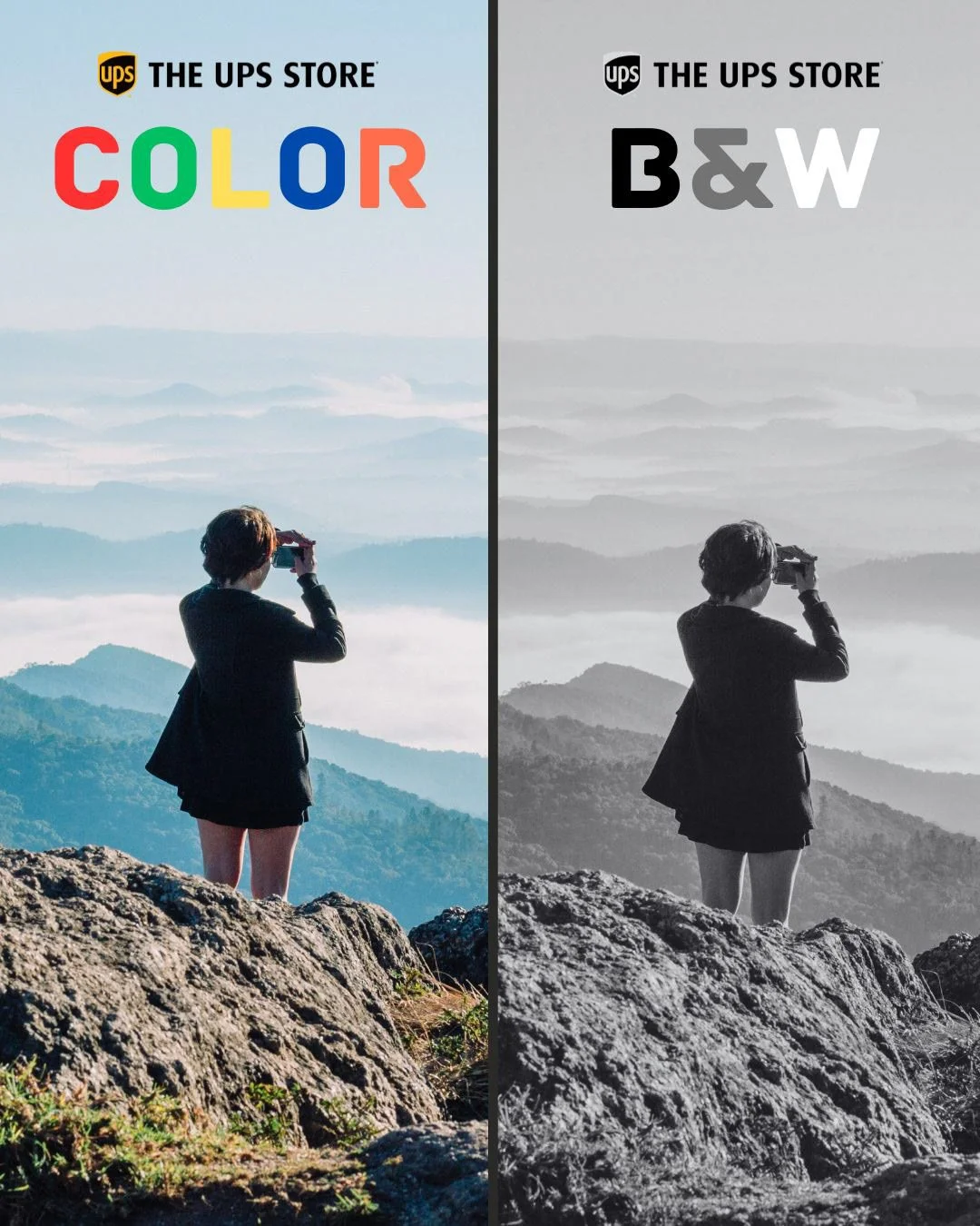 Side-by-side comparison of a woman taking a photo on a mountain, with the left side in color and the right side in black and white.