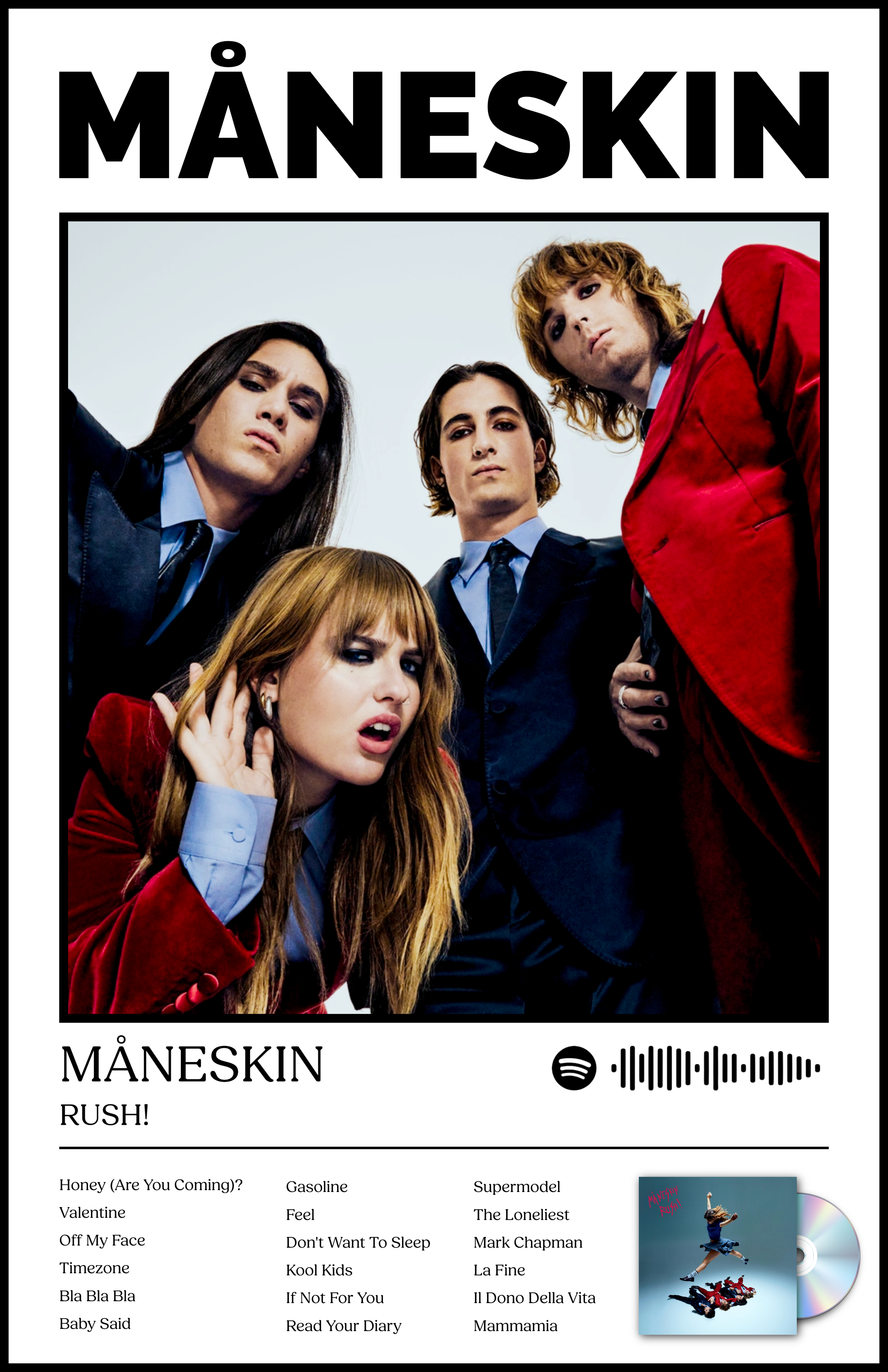 Album cover featuring a photo of the band Måneskin with four members in suits and red jackets, looking at the camera. The band's name is at the top, with the album title 'RUSH!' and song list below. Includes a Spotify barcode, and a small image of th