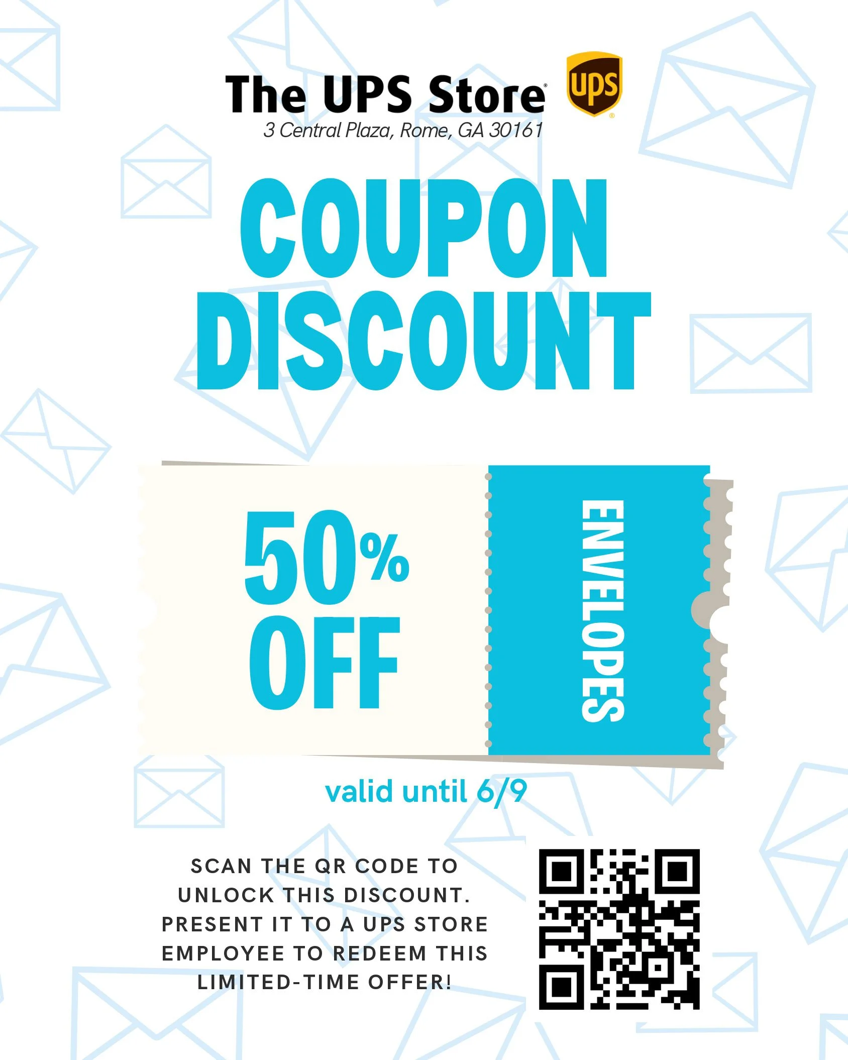 A coupon from The UPS Store offering 50% off, valid until June 9th, with a QR code to unlock the discount.