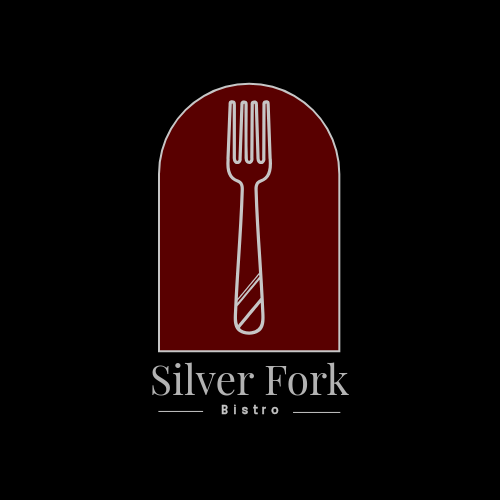 Logo for Silver Fork Bistro featuring a vertical fork inside a maroon arch with black background.