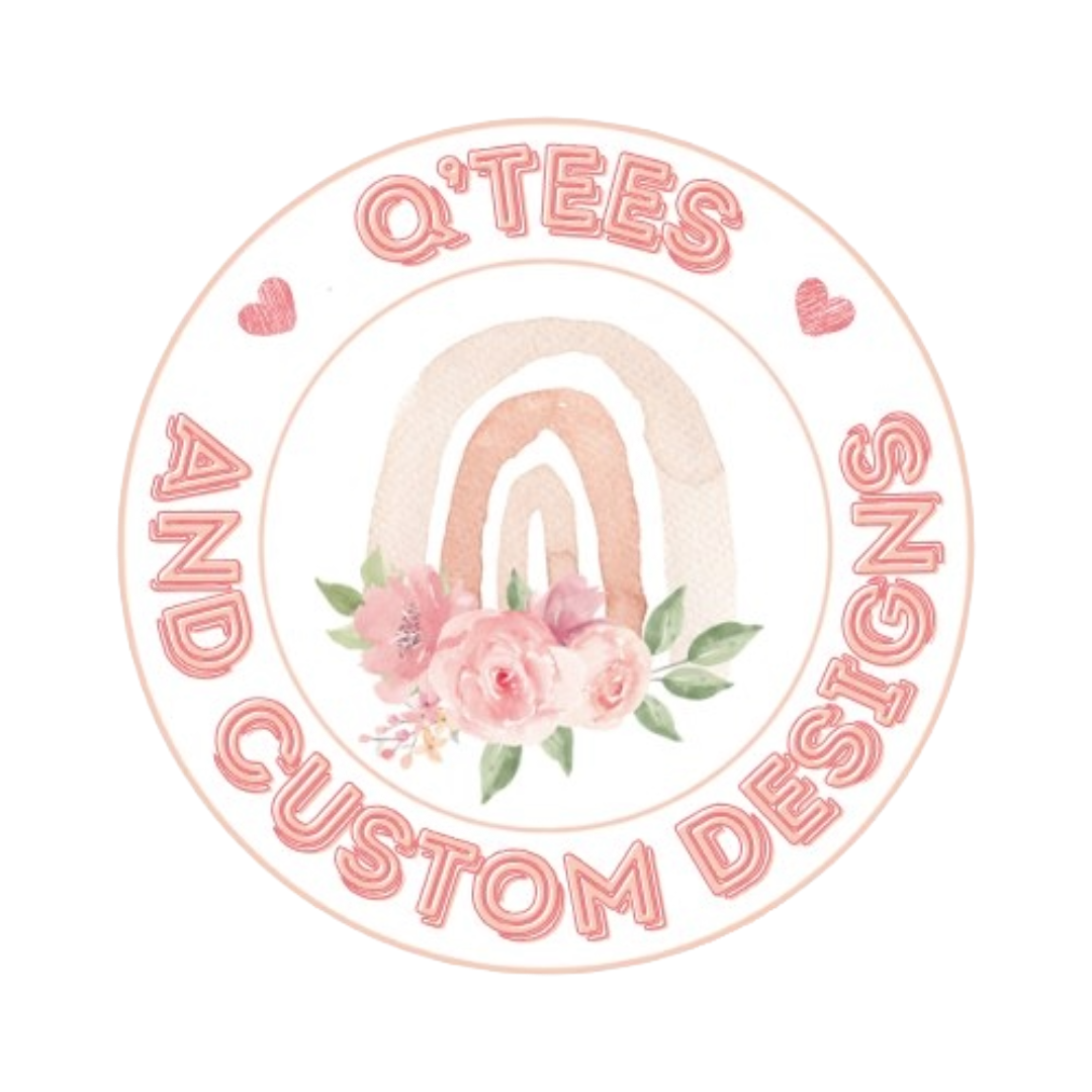 A decorative sticker with a pastel rainbow, pink flowers, and green leaves, surrounded by text that reads 'Q'TEES AND CUSTOM DESIGNS' with small pink hearts nearby.