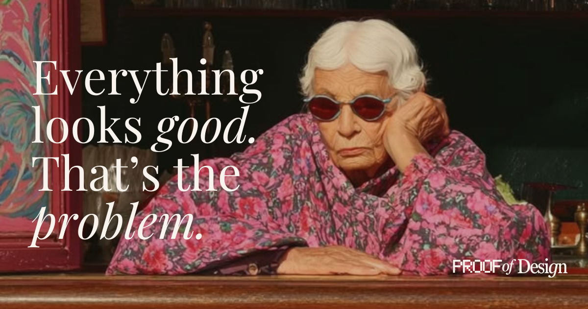 An elderly woman with white hair wearing purple sunglasses and a pink floral blouse, resting her chin on her hand, sitting at a desk in front of a dark background. Overlaid text reads, "Everything looks good. That's the problem."