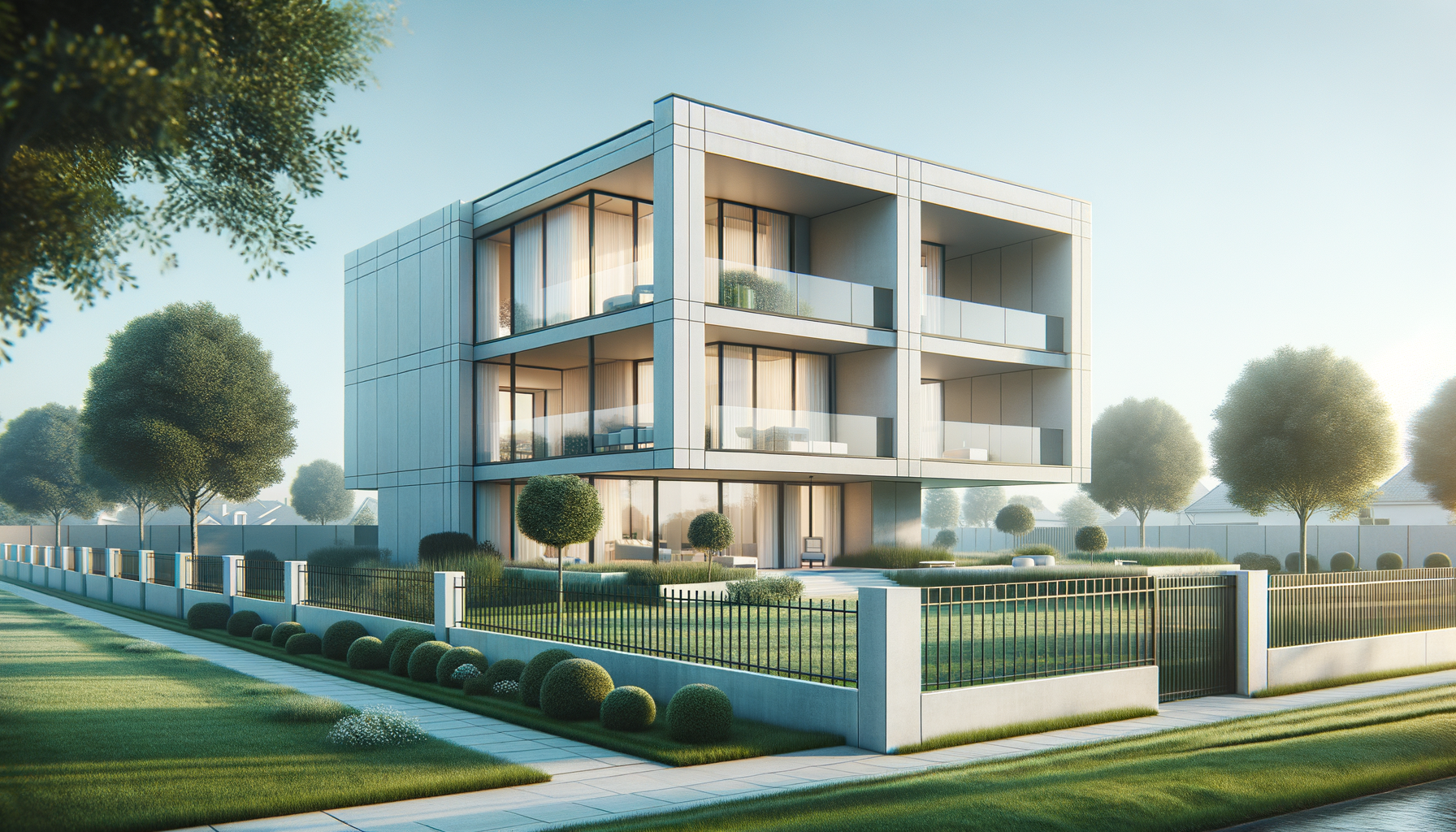 Modern, three-story residential building with large glass windows and balconies, surrounded by manicured lawns, trees, and a white fence, under a clear sky.