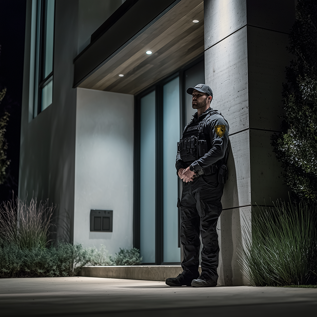 A police officer in black uniform and cap standing outside a modern building at night.