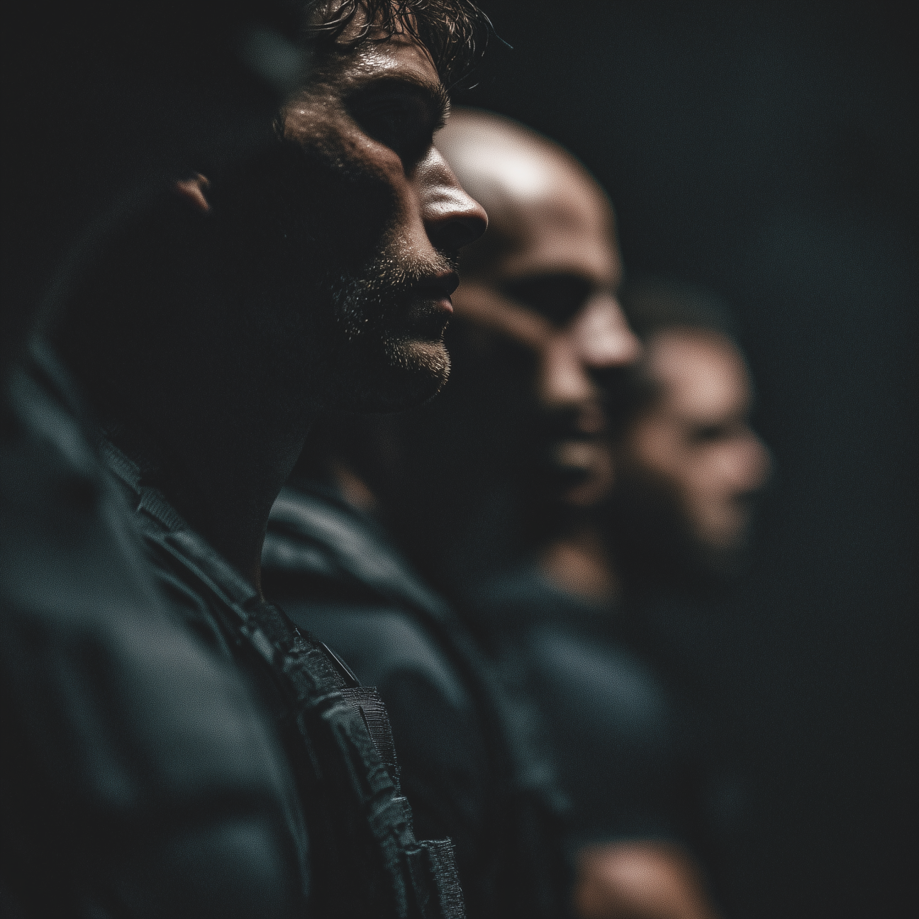 Three men in profile, standing in a dark environment, dressed in dark clothing.