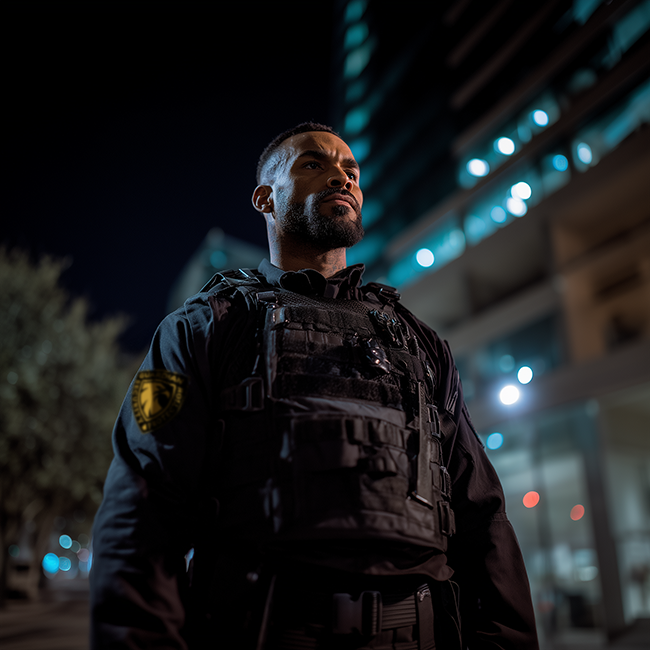 A police officer standing outdoors at night, illuminated by city lights, wearing a black uniform and tactical vest.