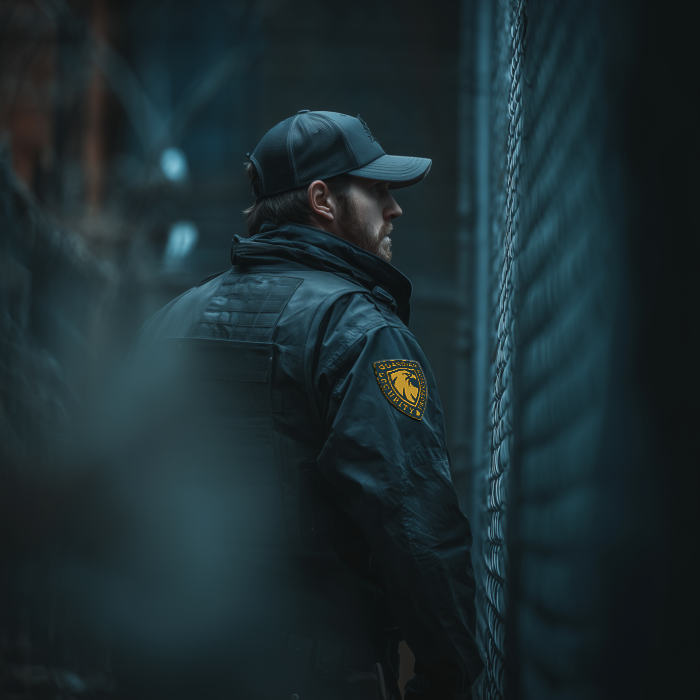 A man in a police uniform and cap standing near a chain-link fence in a dimly lit, outdoor setting.
