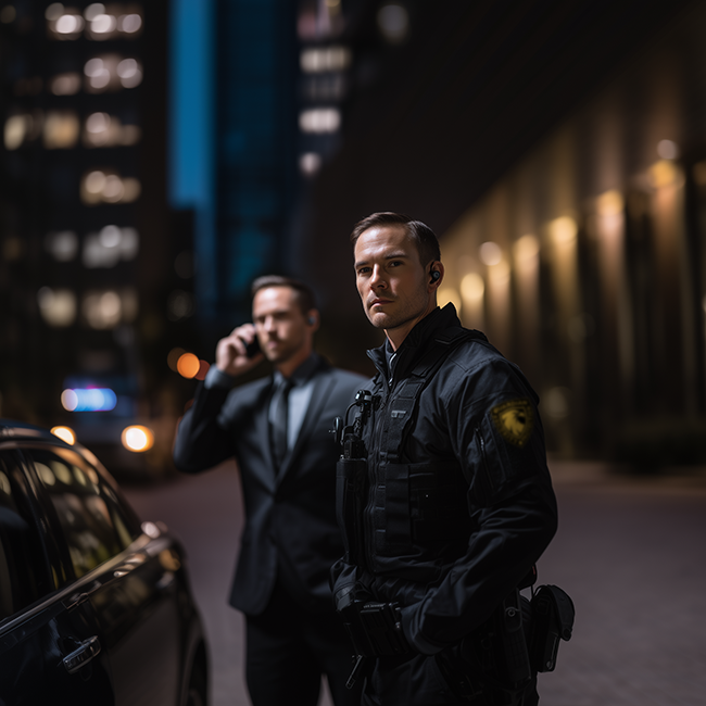 Two men standing on a city street at night, one in a suit talking on a cell phone, the other in police or security gear looking directly at the camera.