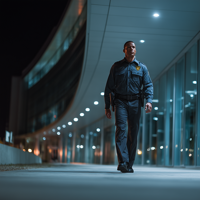 A security guard in uniform walking through a modern building corridor at night.