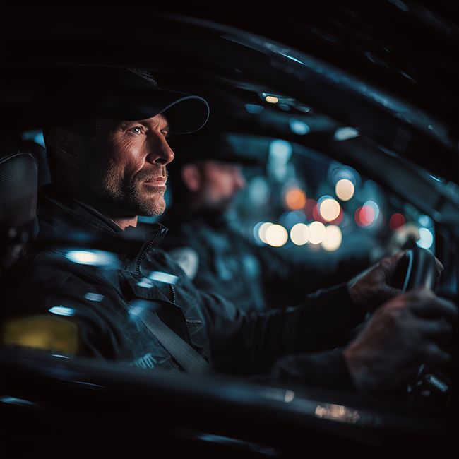 Police officers in patrol cars at night with city lights blurred outside.