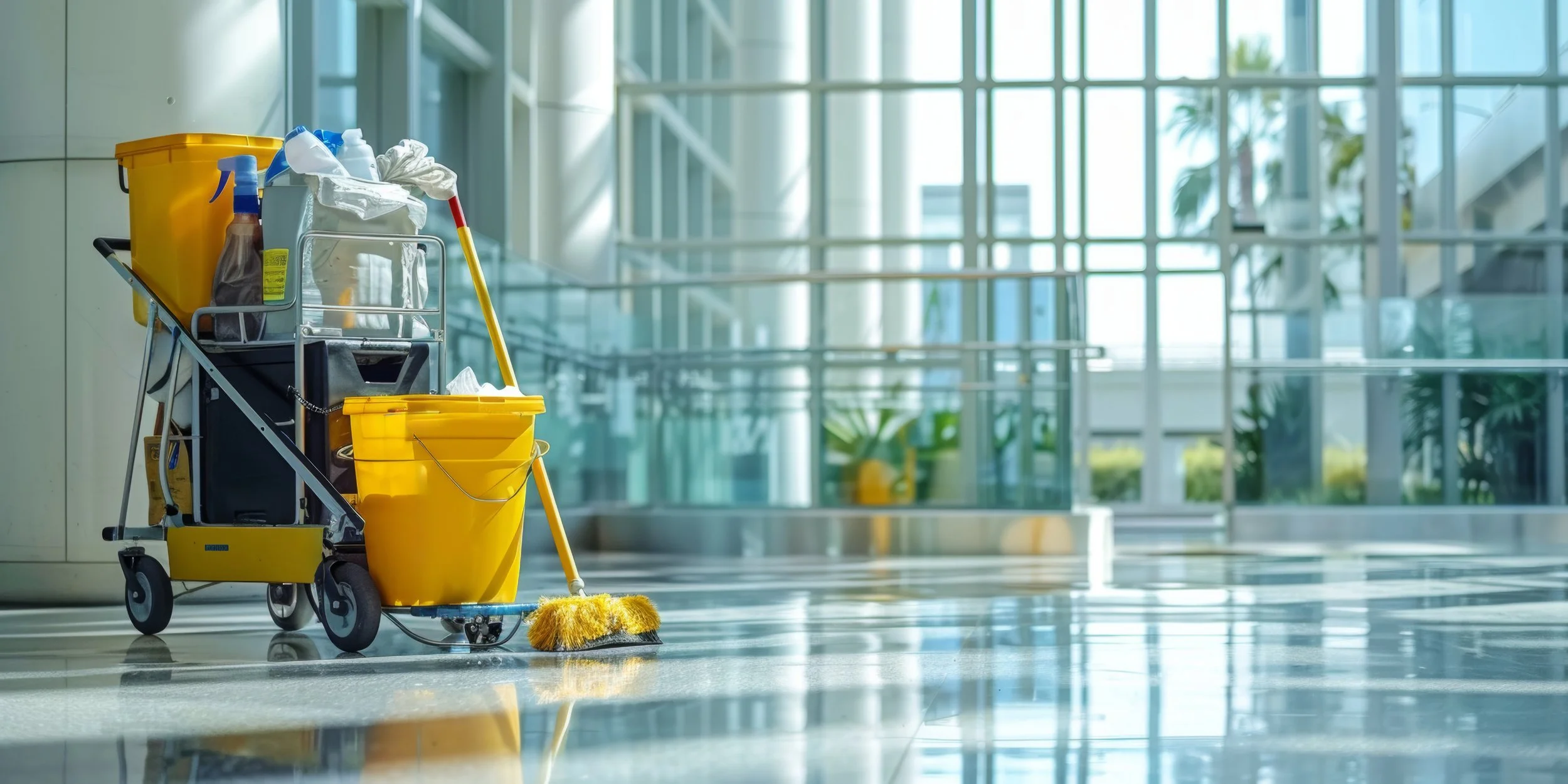 Cleaning cart with mop bucket, cleaning supplies, and equipment in a brightly lit, modern building lobby.